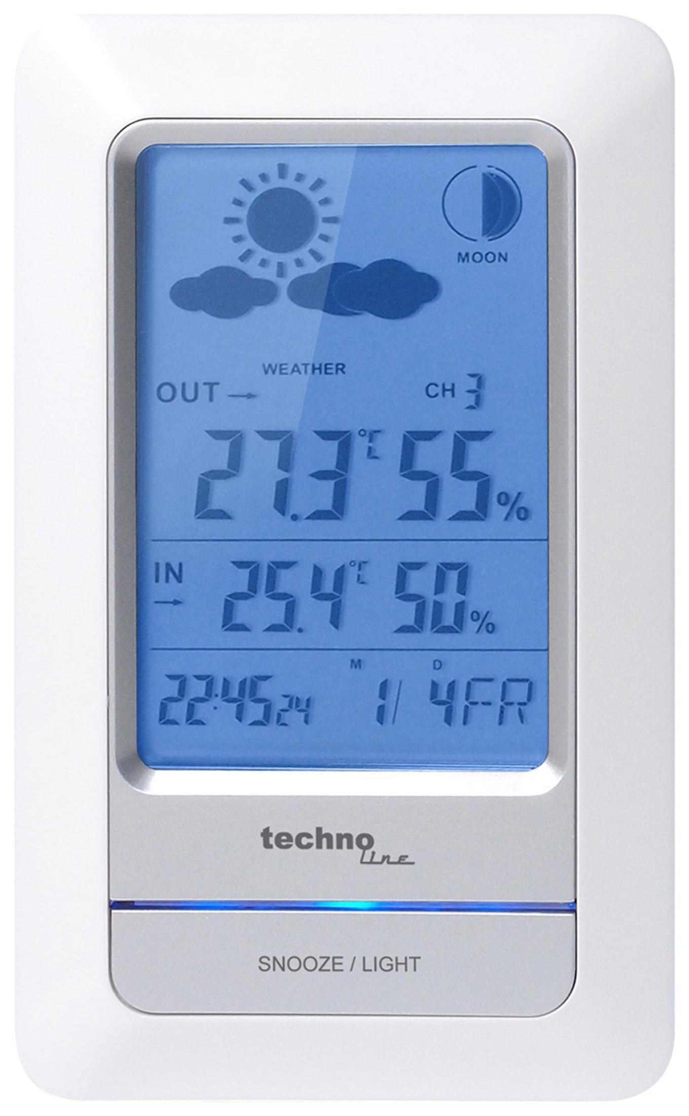 Digitale Wetterstation zeigt Wetter, Uhrzeit und Temperatur. Weißer Rahmen, blauer Bildschirm und schwarzer Text.