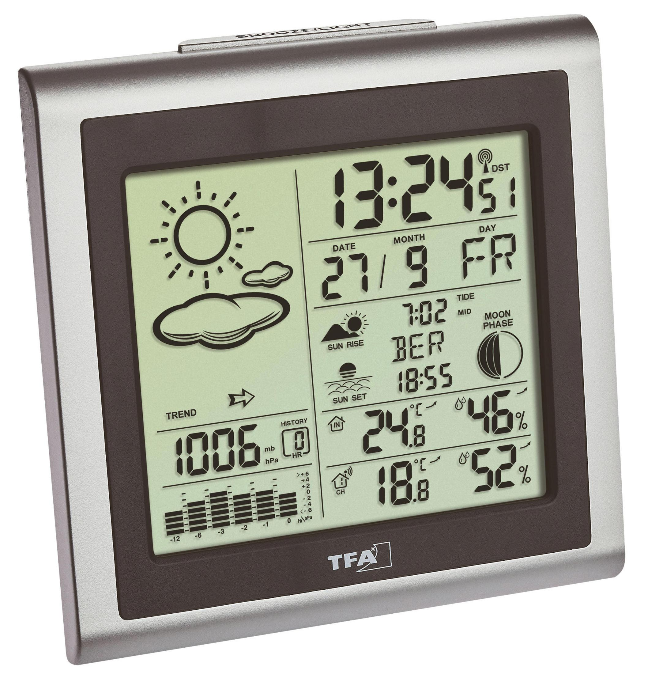 Silberne Wetterstation mit Digitalanzeige, die Zeit, Datum und Wetterdaten anzeigt.