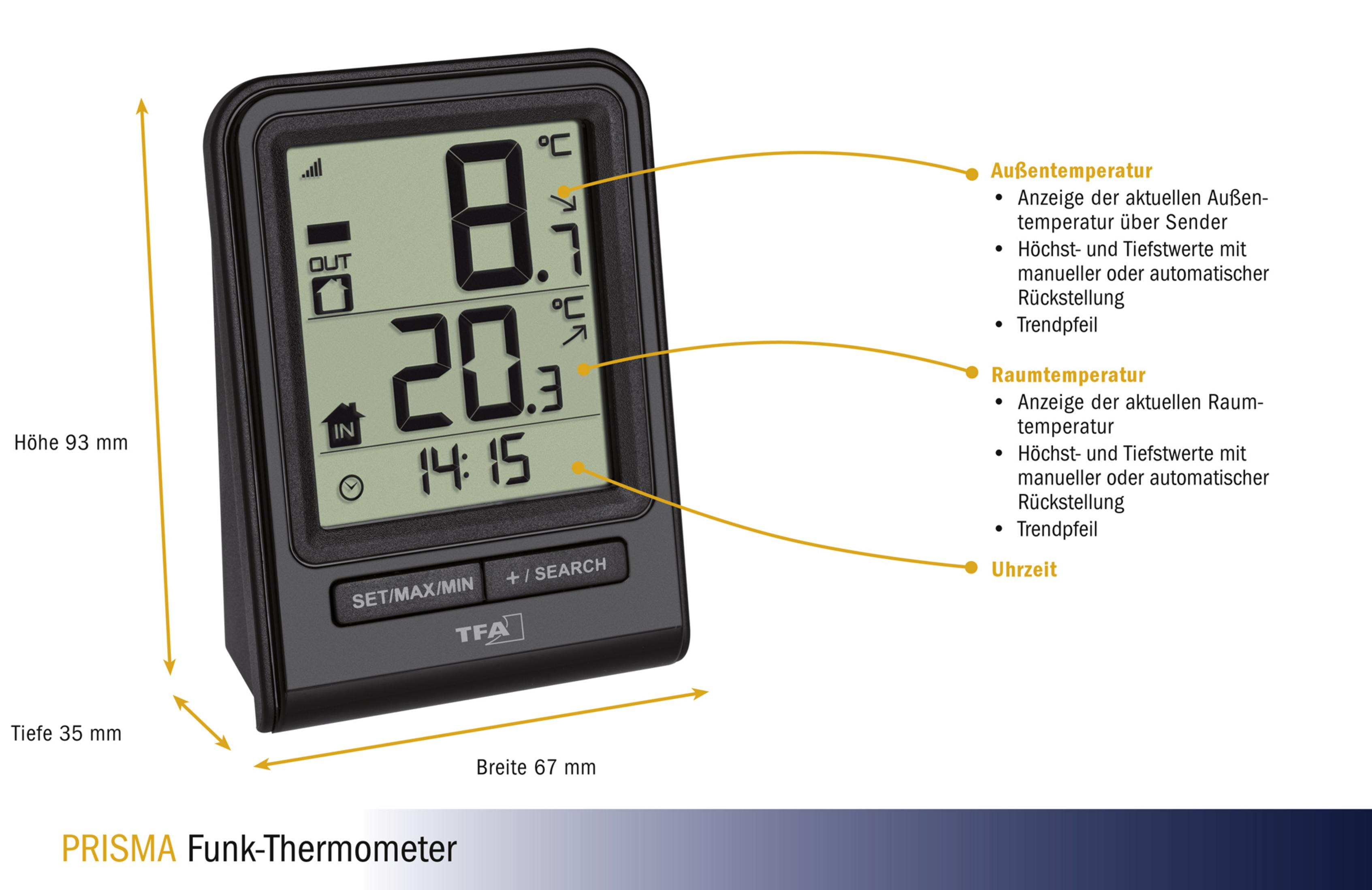 Schwarzes digitales Thermometer mit Anzeige von Temperatur und Uhrzeit.