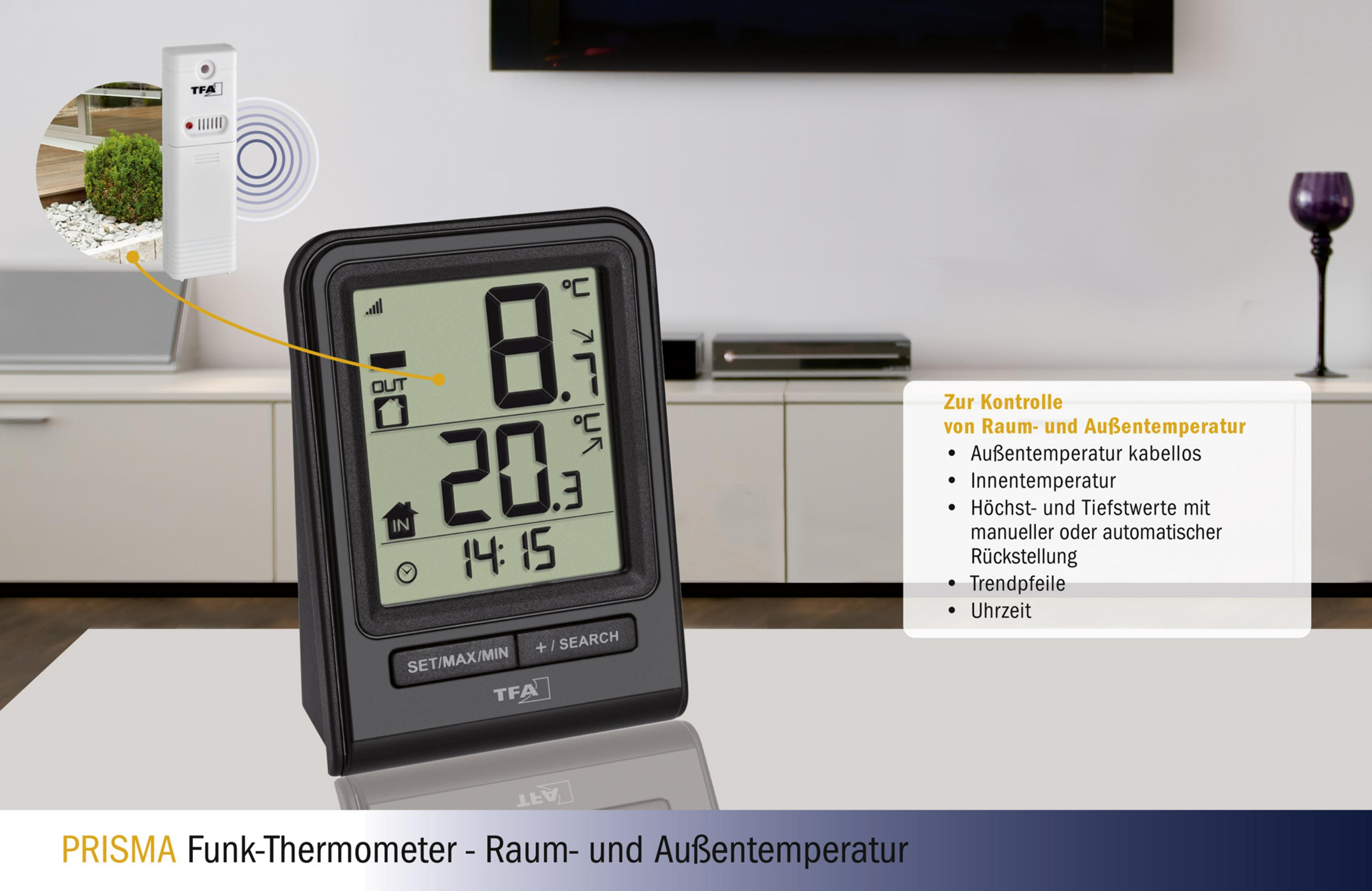 TFA Funk-Thermometer mit Innen-/Außentemperatur und Uhrzeit auf weißer Oberfläche.