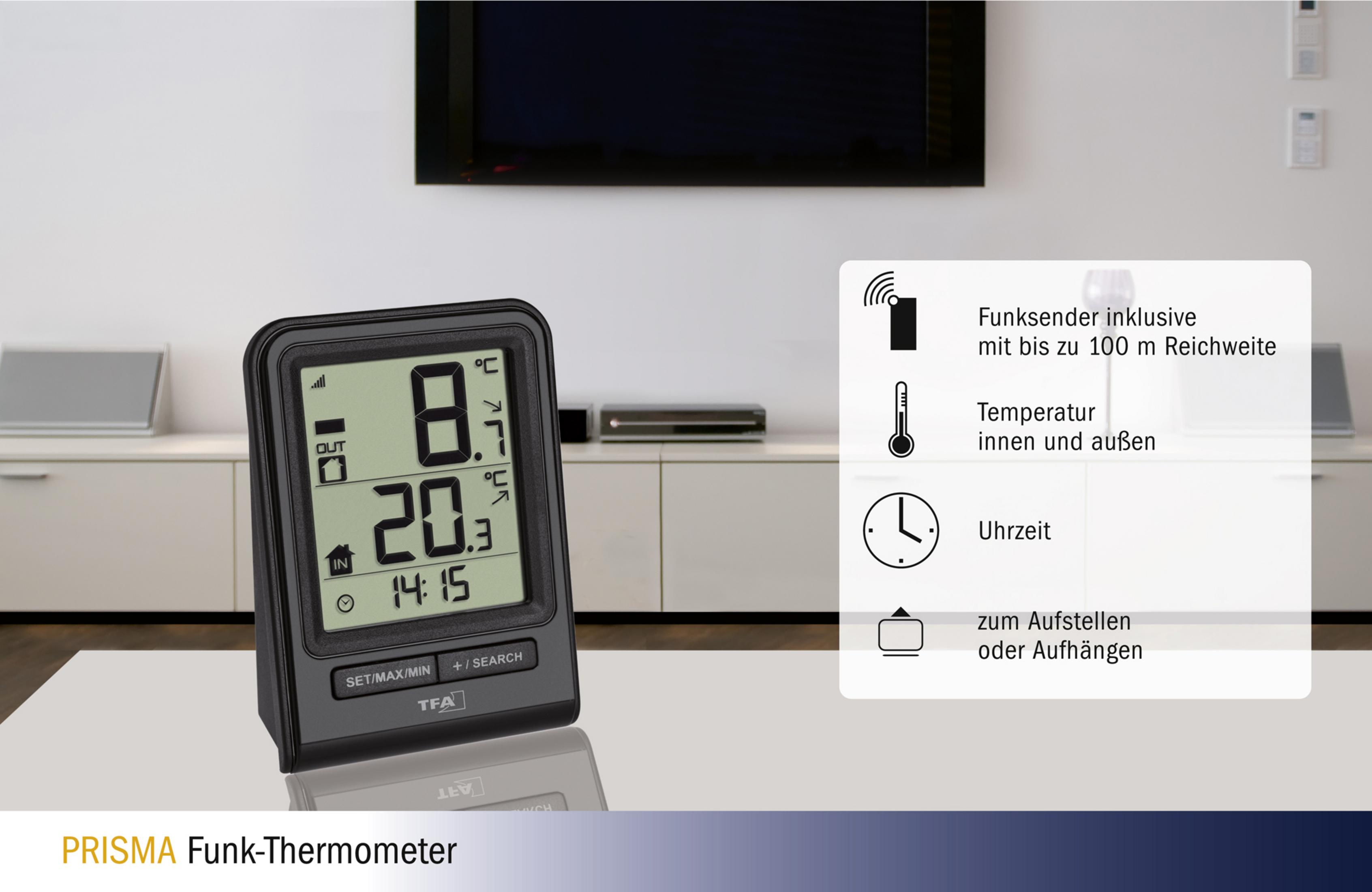 Digitale Wetterstation auf einem weißen Tisch. Zeigt Zeit, Temperatur und Wetterinfo an.