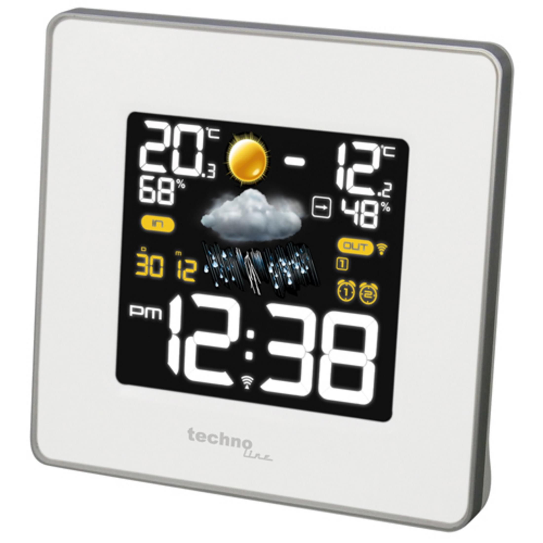 Eine digitale Wetterstation, die Wetterinformationen auf einem weißen Bildschirm anzeigt. Zeigt Temperatur, Luftfeuchtigkeit und Uhrzeit.