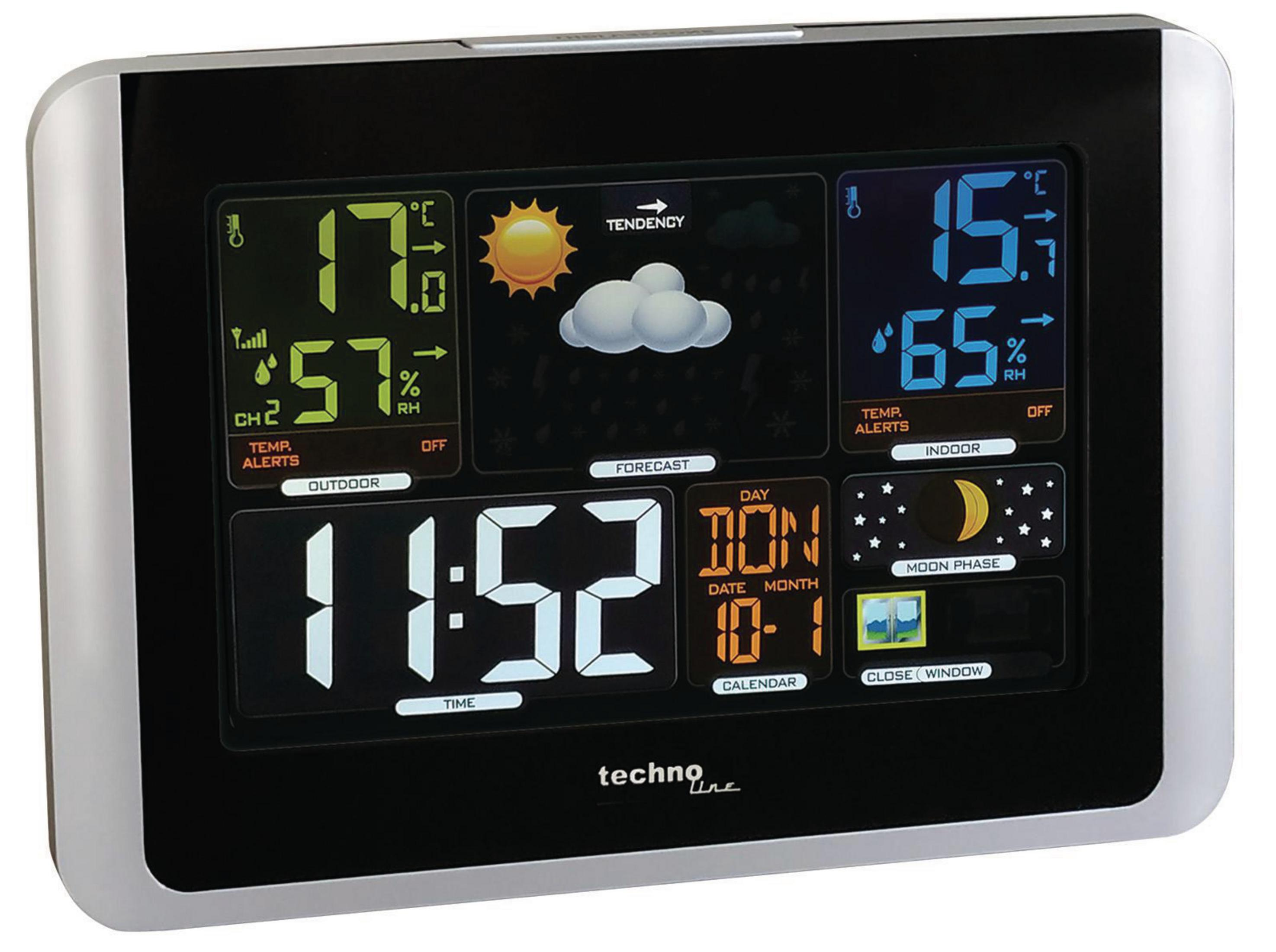 Estación meteorológica digital con temperatura, pronóstico del tiempo y reloj.