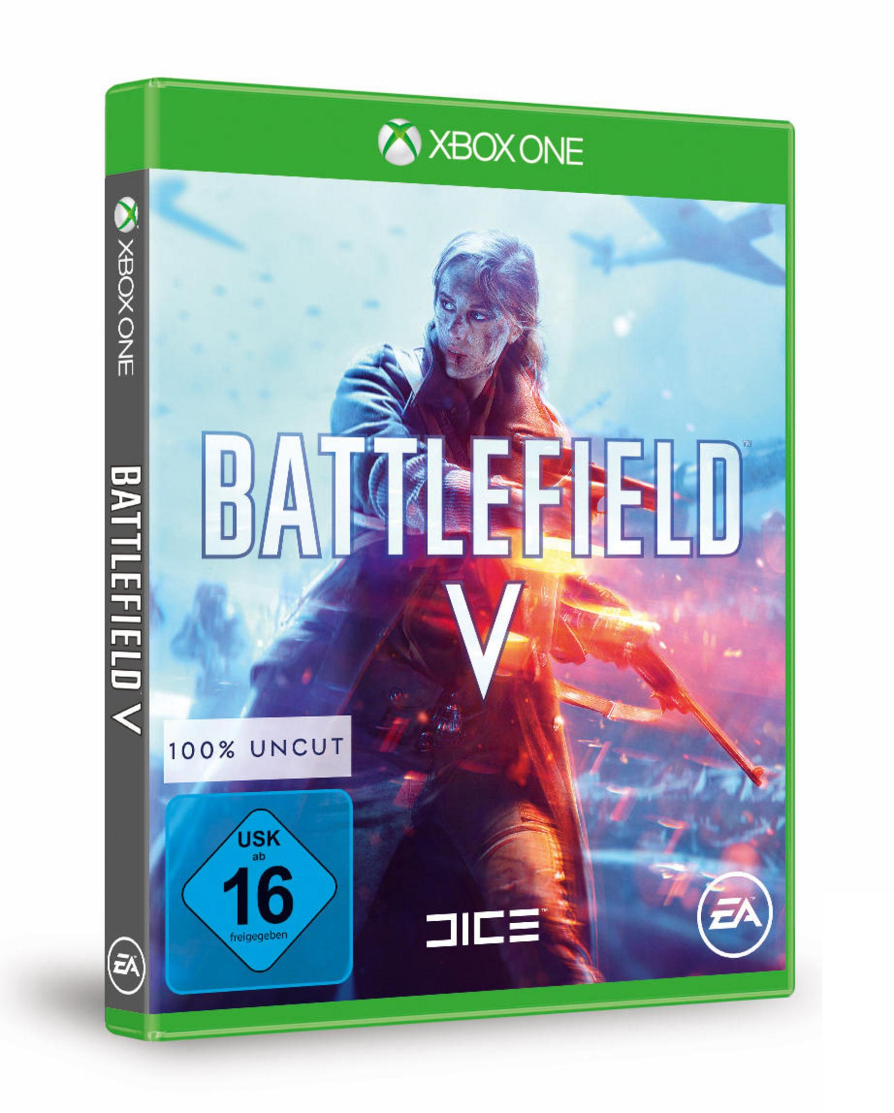 Pudełko z grą Xbox One dla Battlefield V, z kobietą w otoczeniu wojennym.