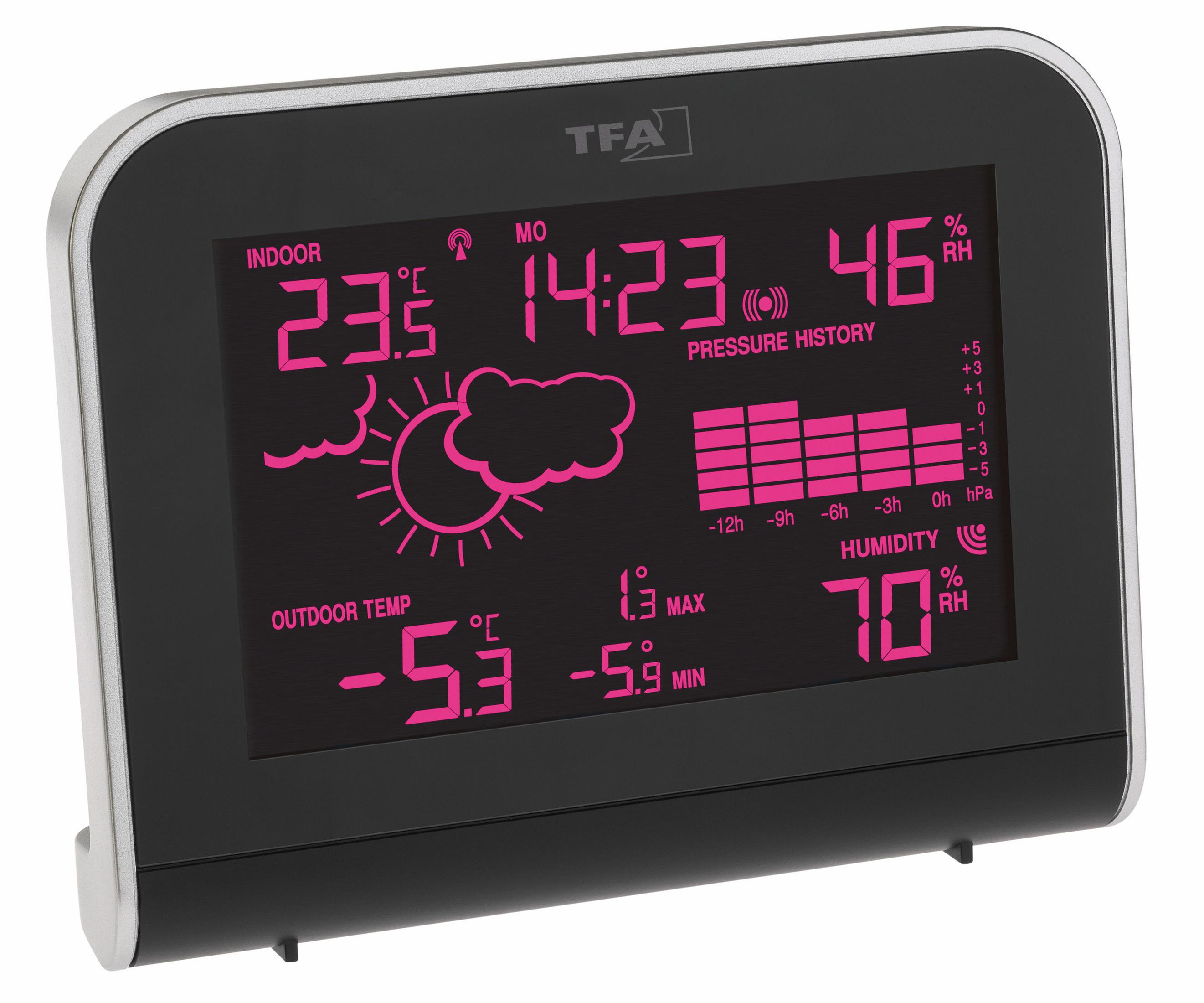 Digitale Wetterstation mit Anzeige von Temperatur, Uhrzeit, Luftfeuchtigkeit und Wettervorhersage-Symbolen.