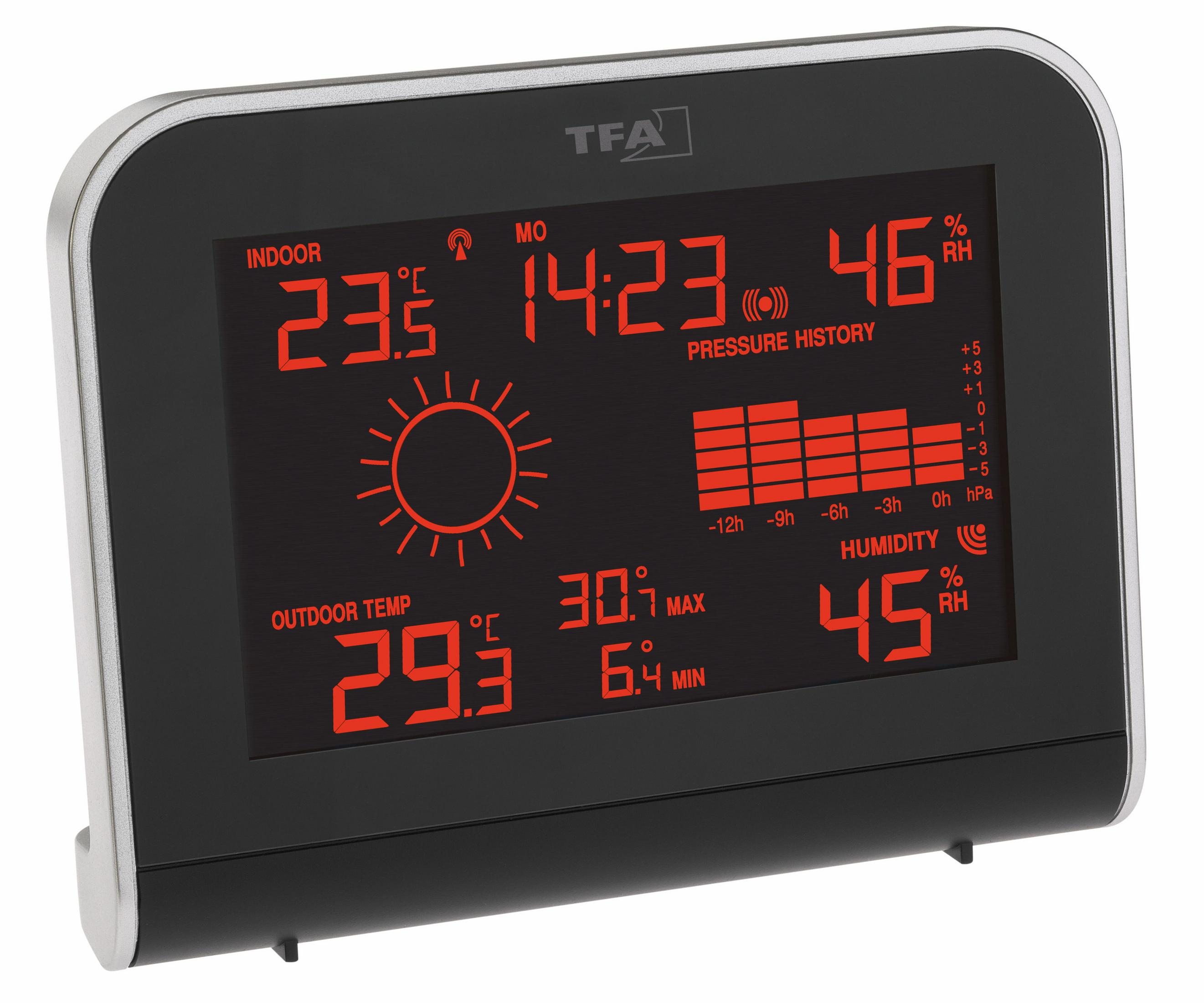 Schwarze digitale Wetterstation mit Innen-/Außentemperatur, Uhrzeit, Luftfeuchtigkeit und Luftdruck.