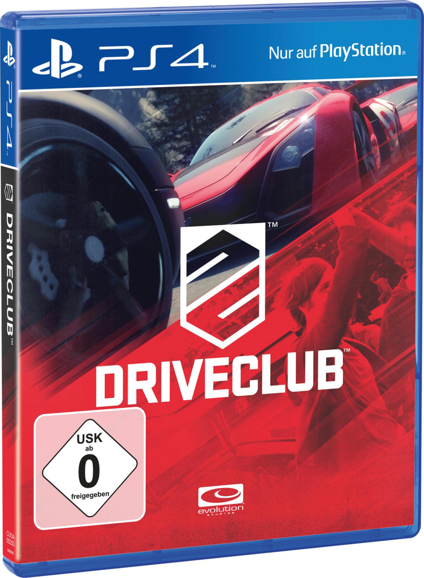Driveclub Spielbox. Rotes Auto auf dem Cover, Spieltitel, Logo und PS4-Logo und USK-Bewertung.
