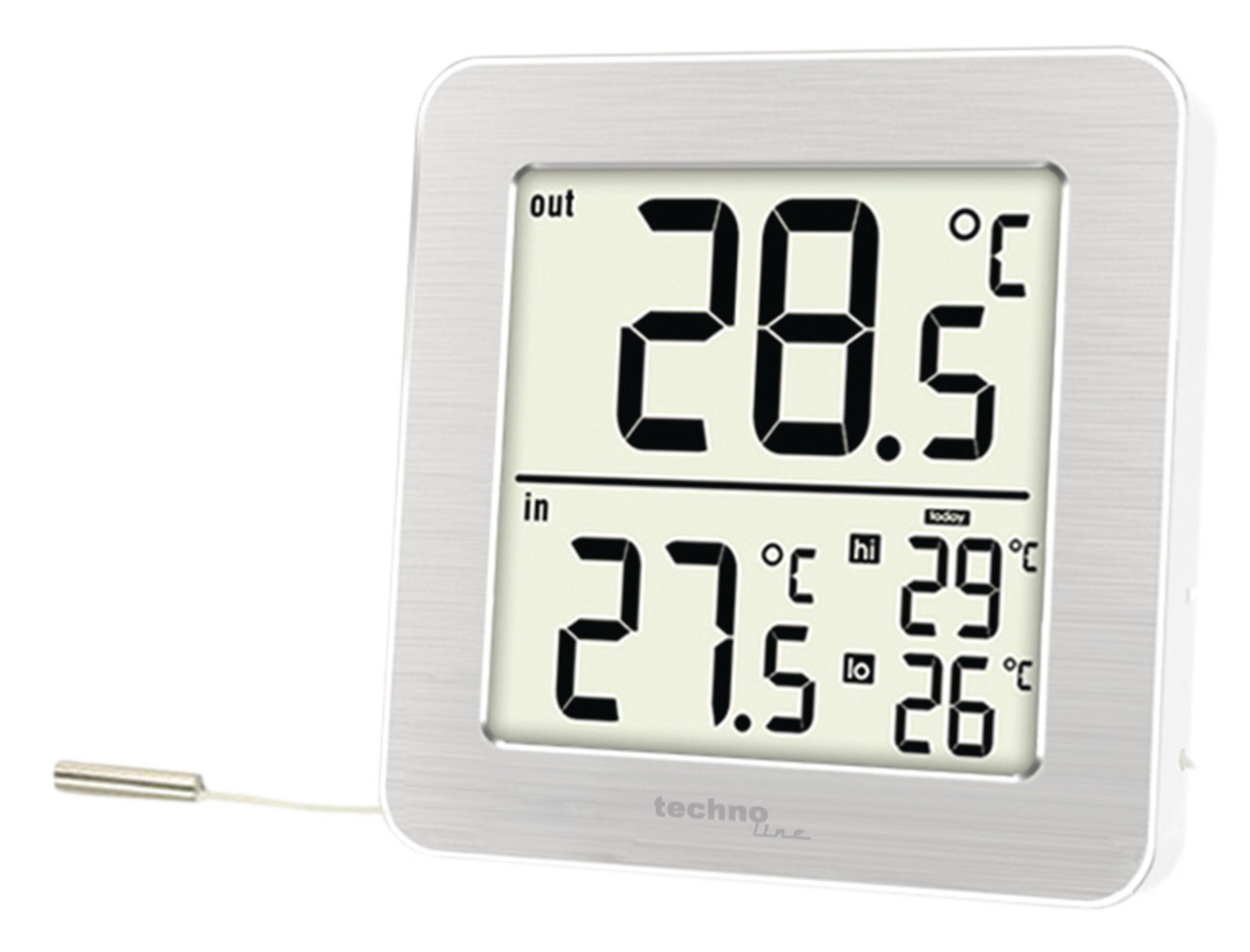 Digitales Thermometer mit Anzeige der Innen- und Außentemperaturen in einem silbernen Rahmen.