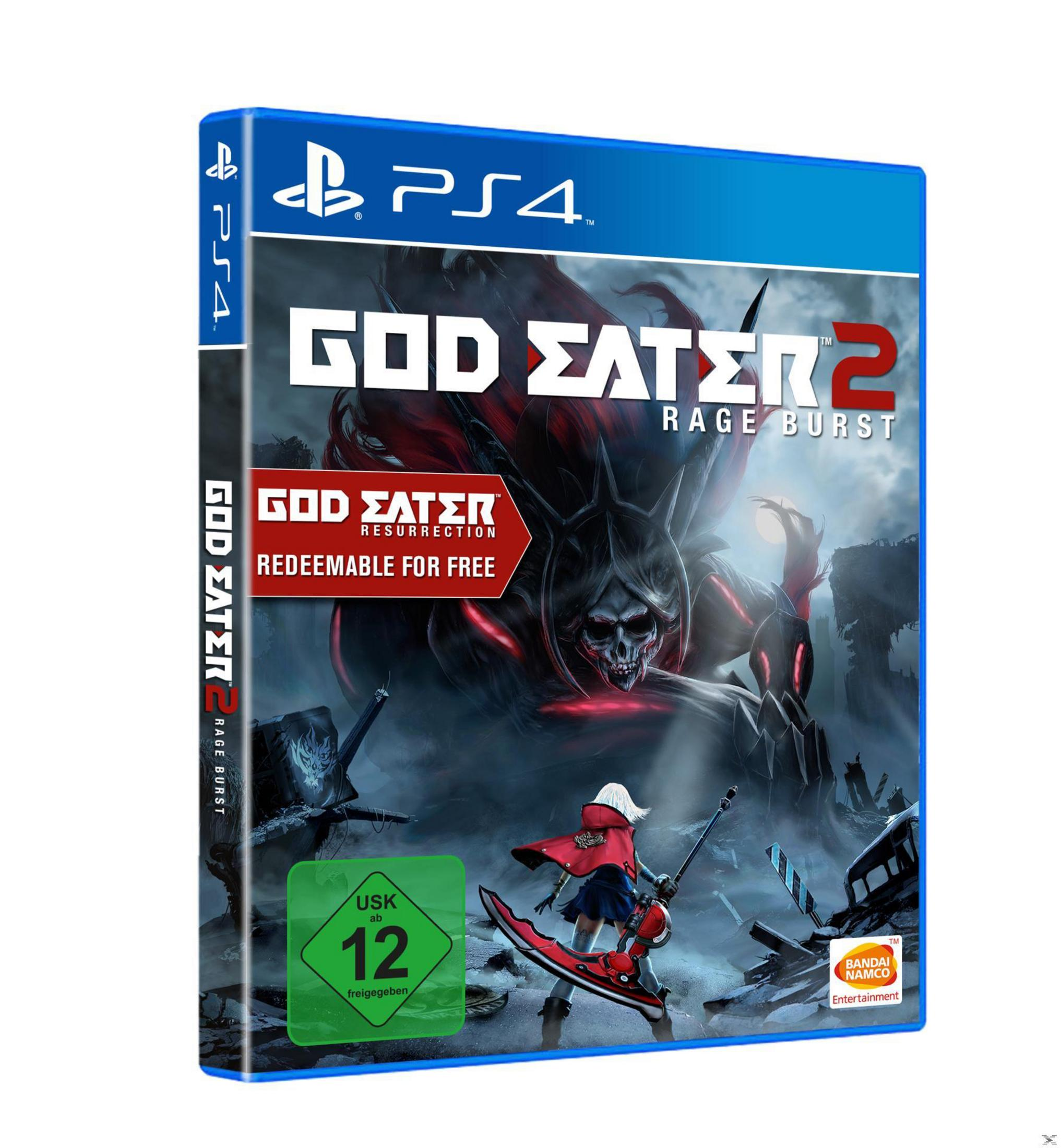 Eine PS4-Spielbox für God Eater 2: Rage Burst mit Charakteren und Logo.