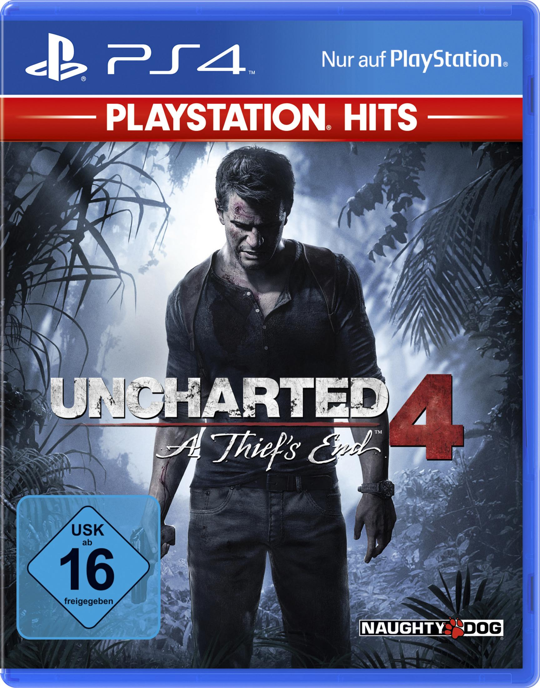PS4-Spielcover für 'Uncharted 4' mit Mann im Wald, Titel und Logo.