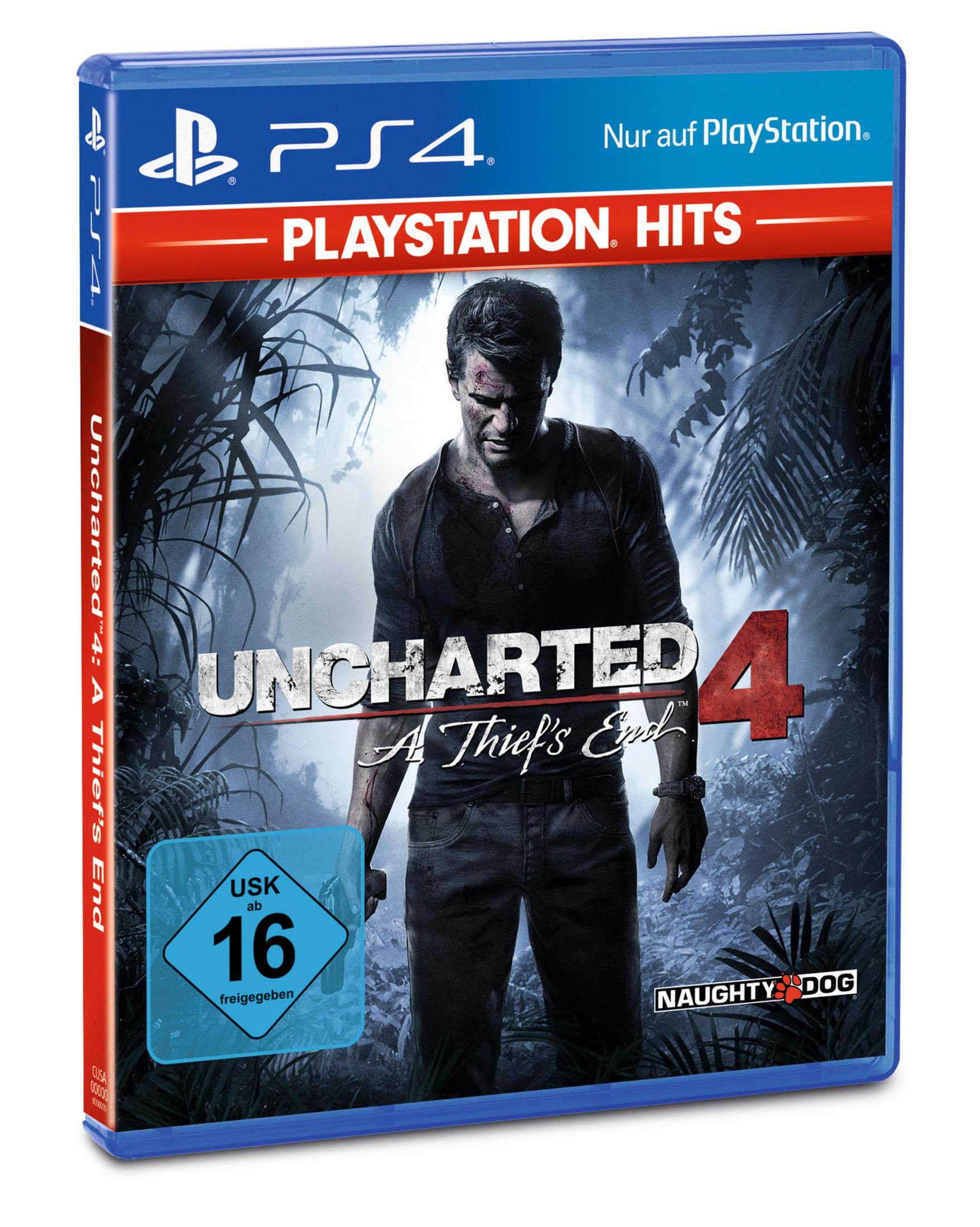 Spielcover Uncharted 4. Mann im Wald, Titel und PS4-Logo.