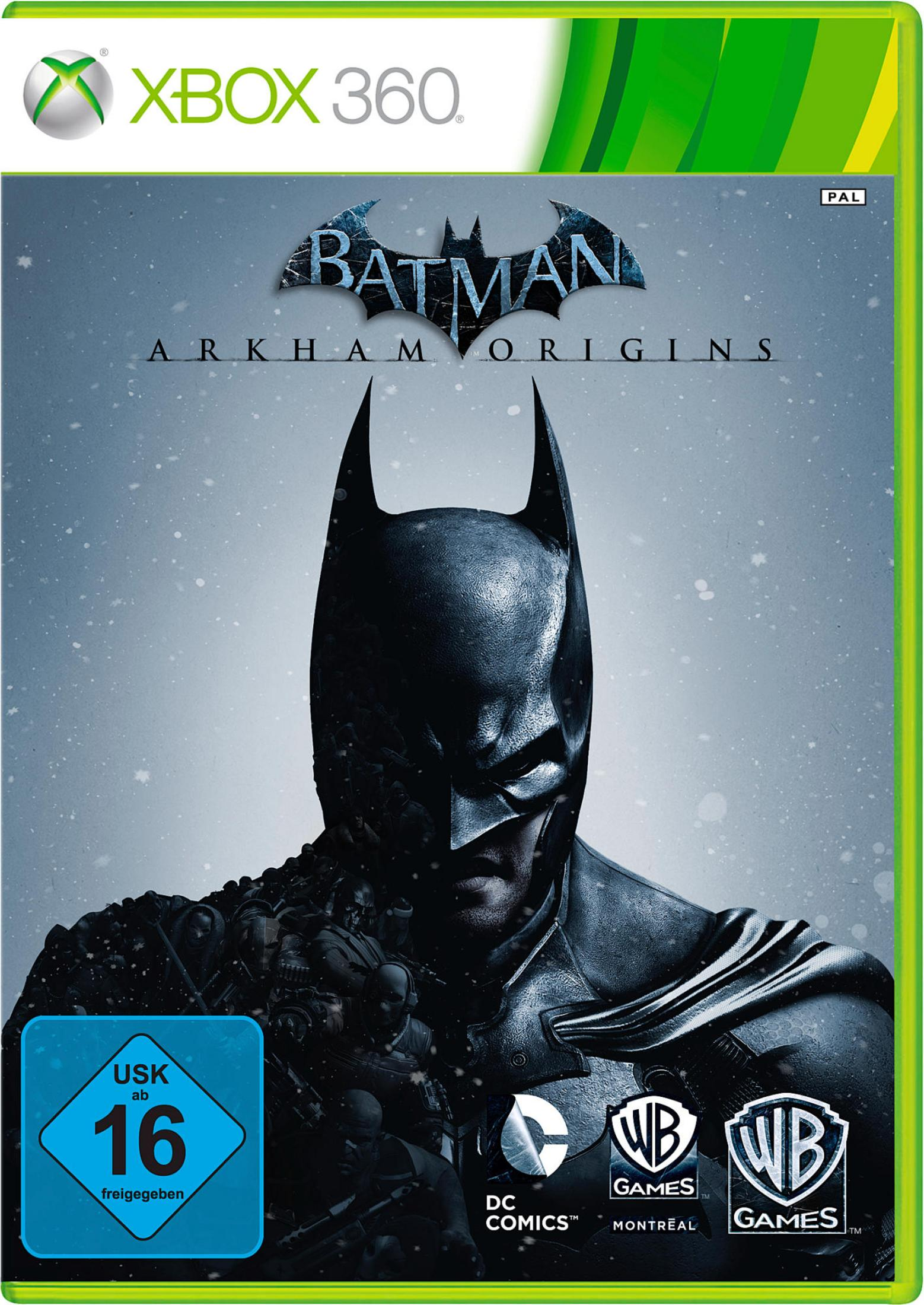 Xbox 360 Spielverpackung für 'Batman Arkham Origins'. Zeigt Batmans Gesicht und einen verschneiten Hintergrund.