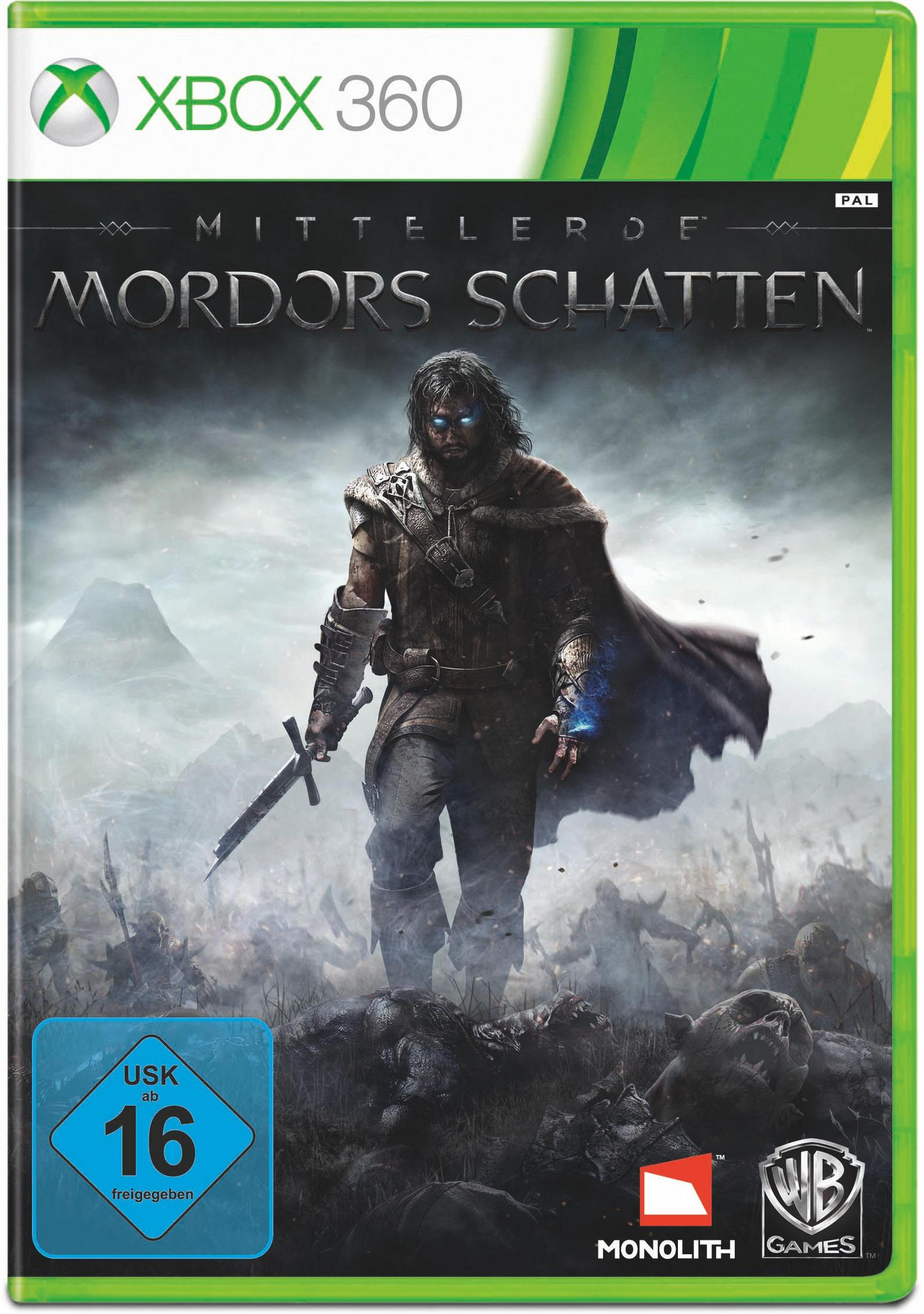 XBOX 360 Spiel-Cover. Mann mit Schwert. Mittelerde: Schatten von Mordor. Weißer Hintergrund.