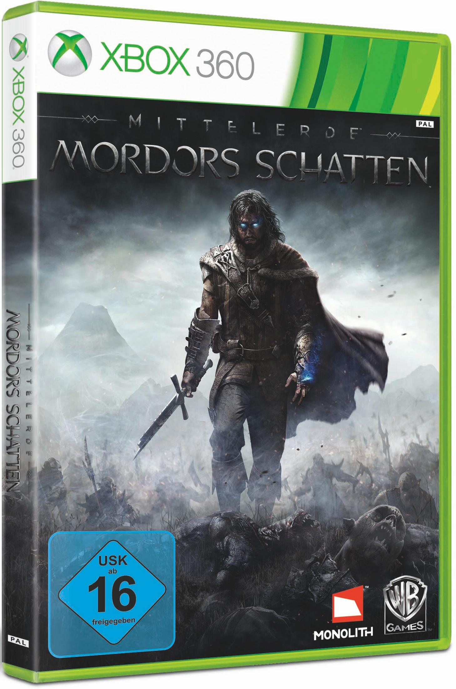XBox 360 Spielbox für Mittelerde: Schatten von Mordor, zeigt eine Figur in Rüstung mit einem Schwert.