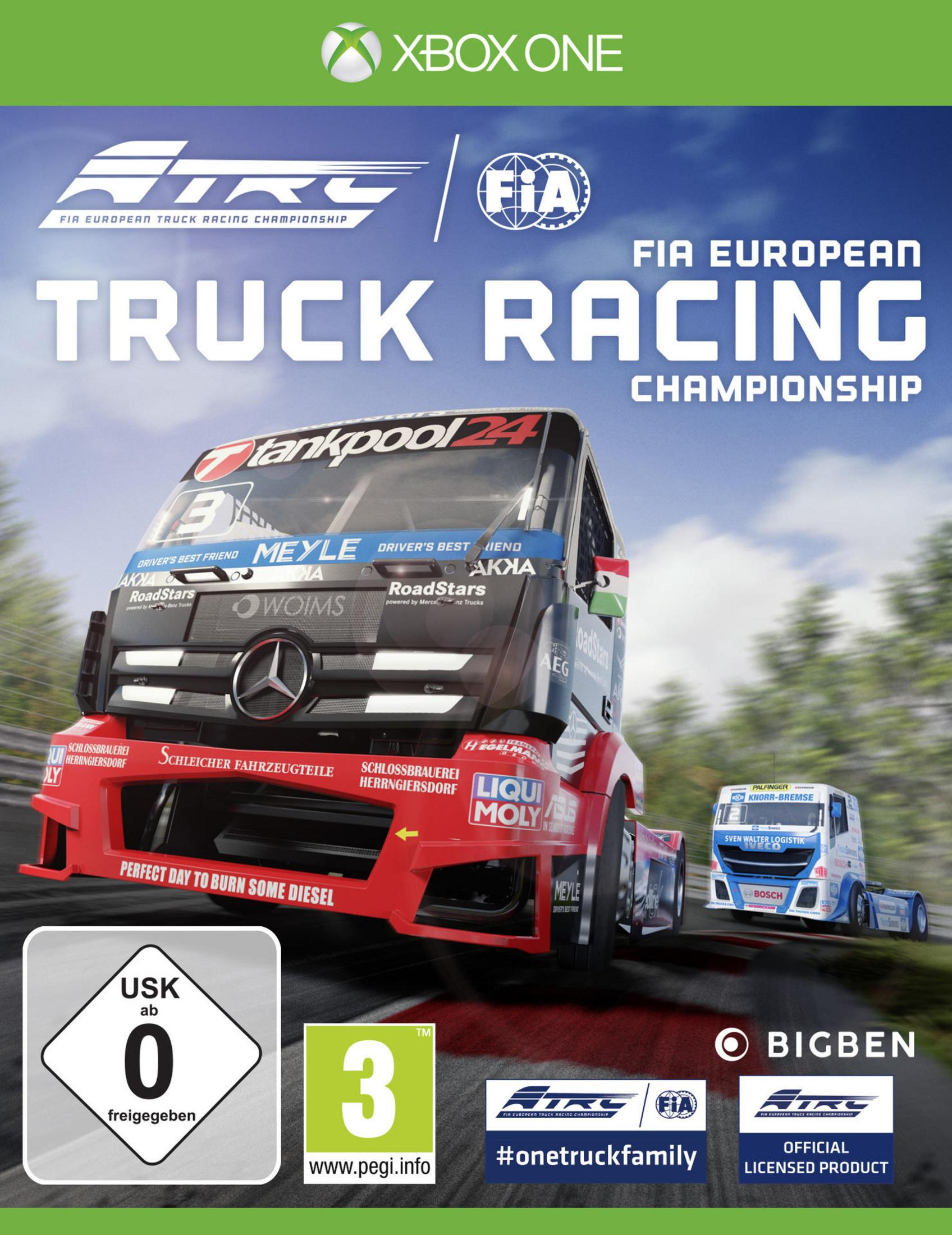 FIA European Truck Racing Championship Xbox One-Spielcover. Zeigt einen Truck auf dem Cover.