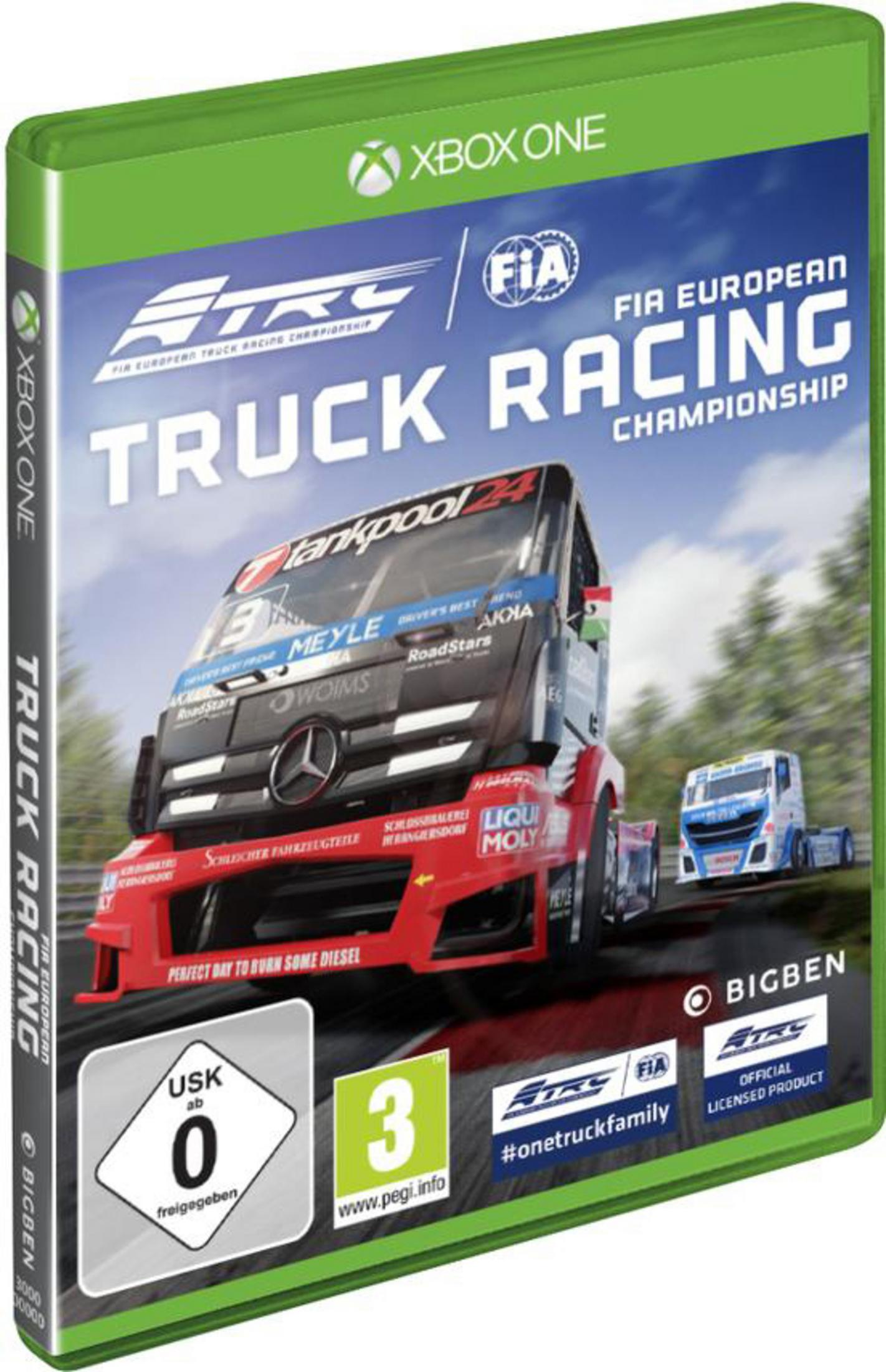 XBOX ONE Spielbox-Art für FIA European Truck Racing Championship. Es zeigt Renn-LKWs auf einer Strecke.