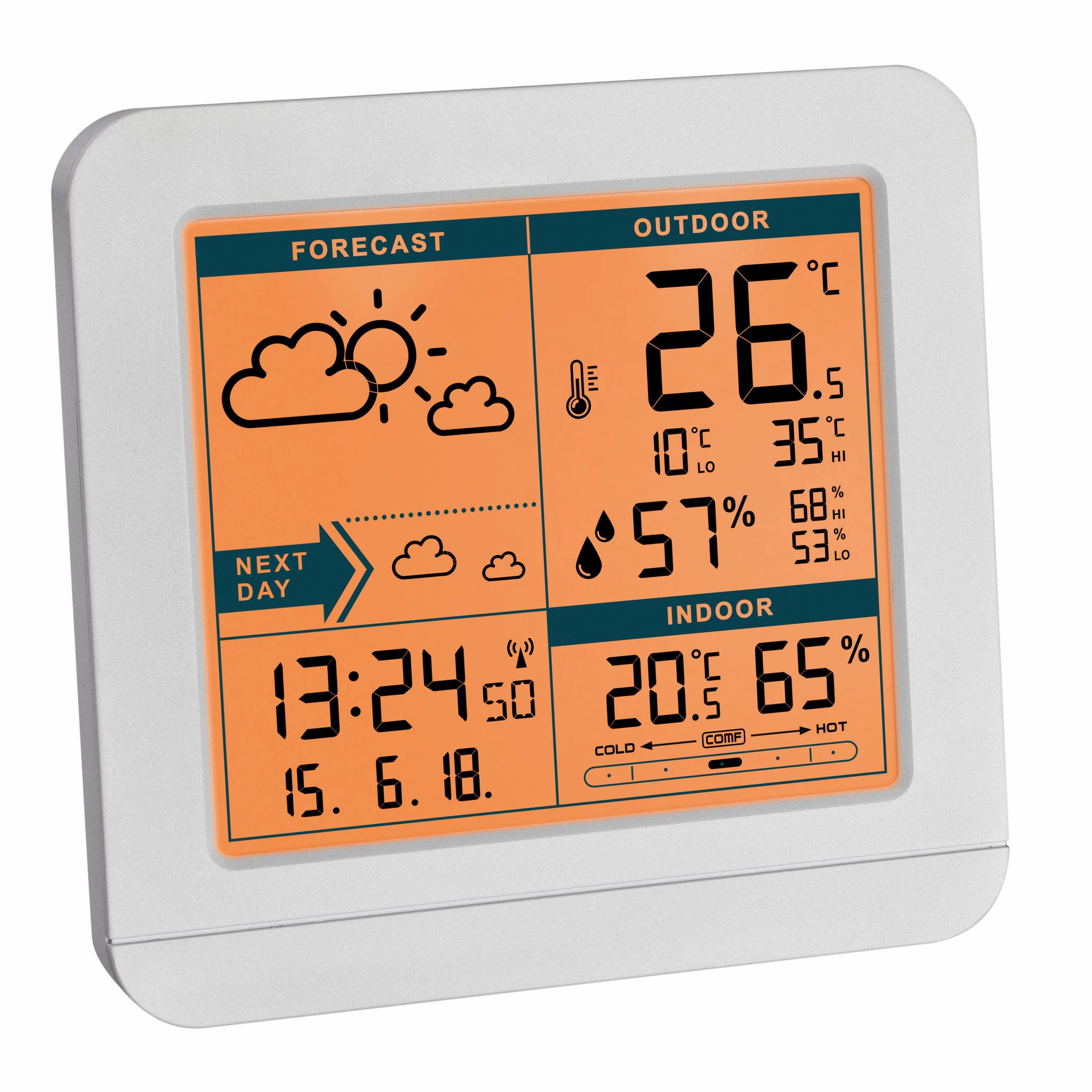 Digitale Wetterstation mit Anzeige von Vorhersage, Außen- und Innentemperaturen und Uhrzeit.
