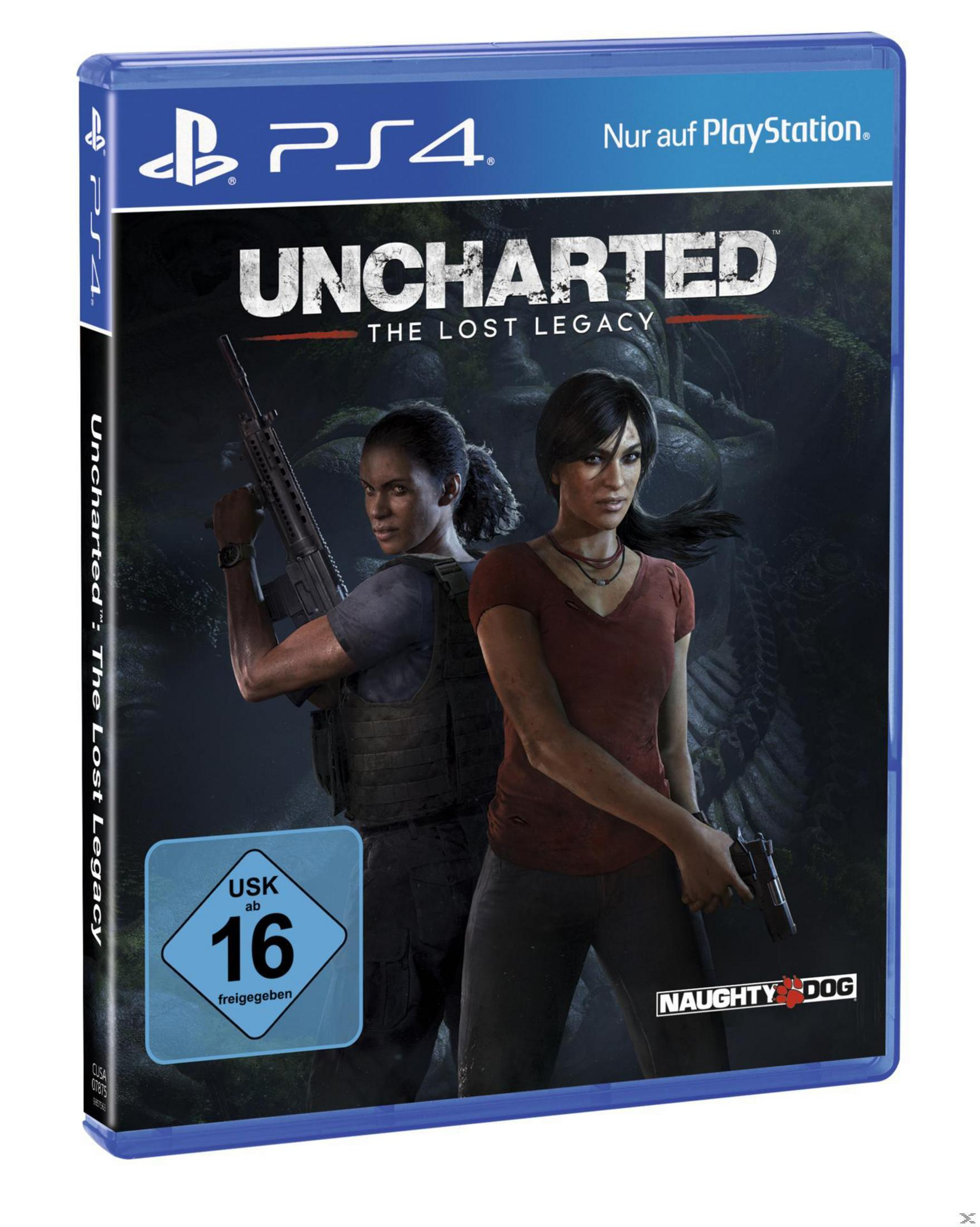 Uncharted: The Lost Legacy PS4-Spielbox. Zwei Frauen mit Waffen sind abgebildet. Der Hintergrund ist grün.