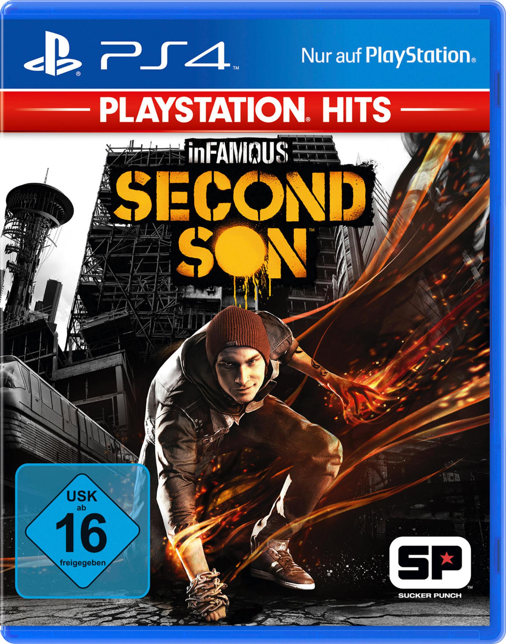 Infamous Second Son Spielcover mit einem Mann mit Mütze, umgeben von einer Stadtszene.