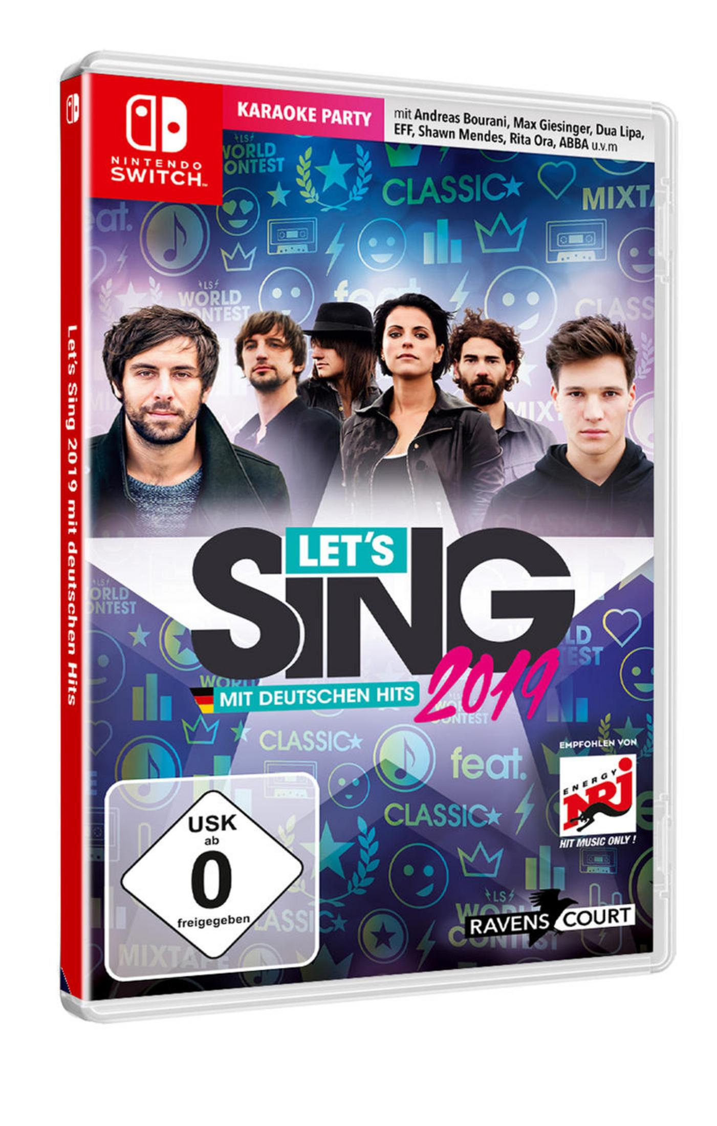 Spielbox für 'Let's Sing 2019' mit Band, Nintendo Switch-Branding.