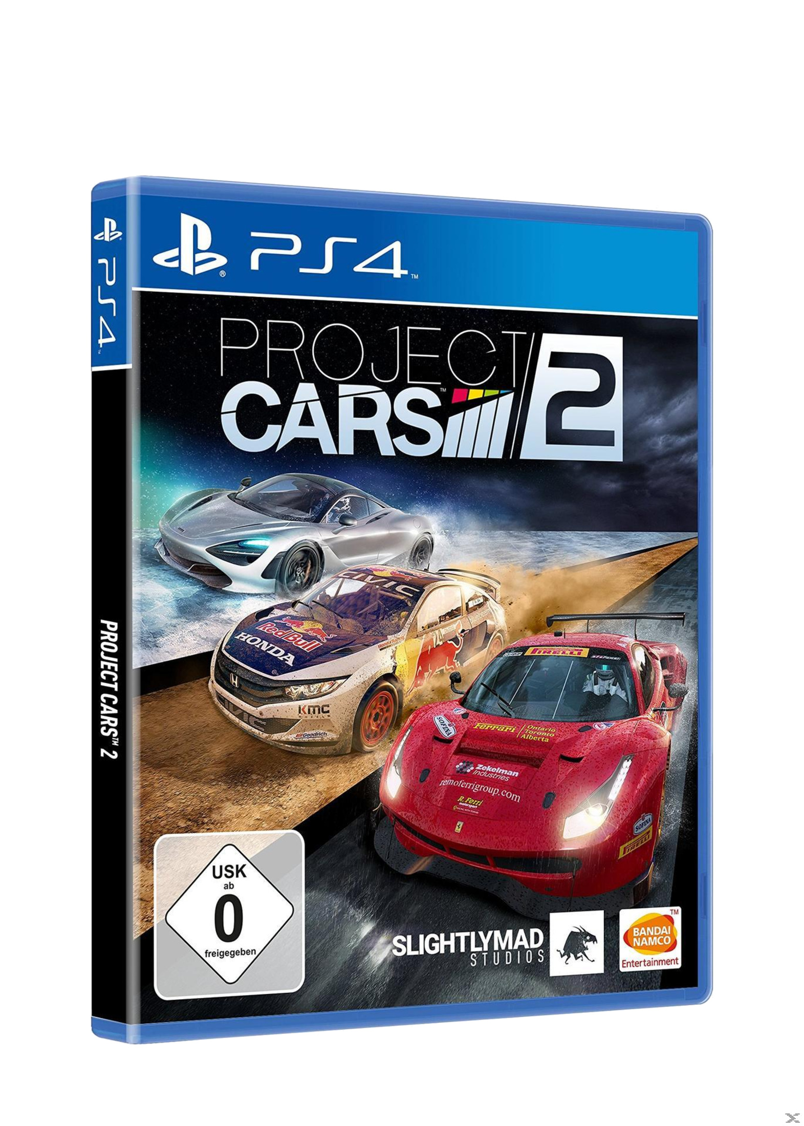 Pudełko z grą Project Cars 2 na PS4, pokazujące samochody wyścigowe w akcji na torze, z tytułem gry.