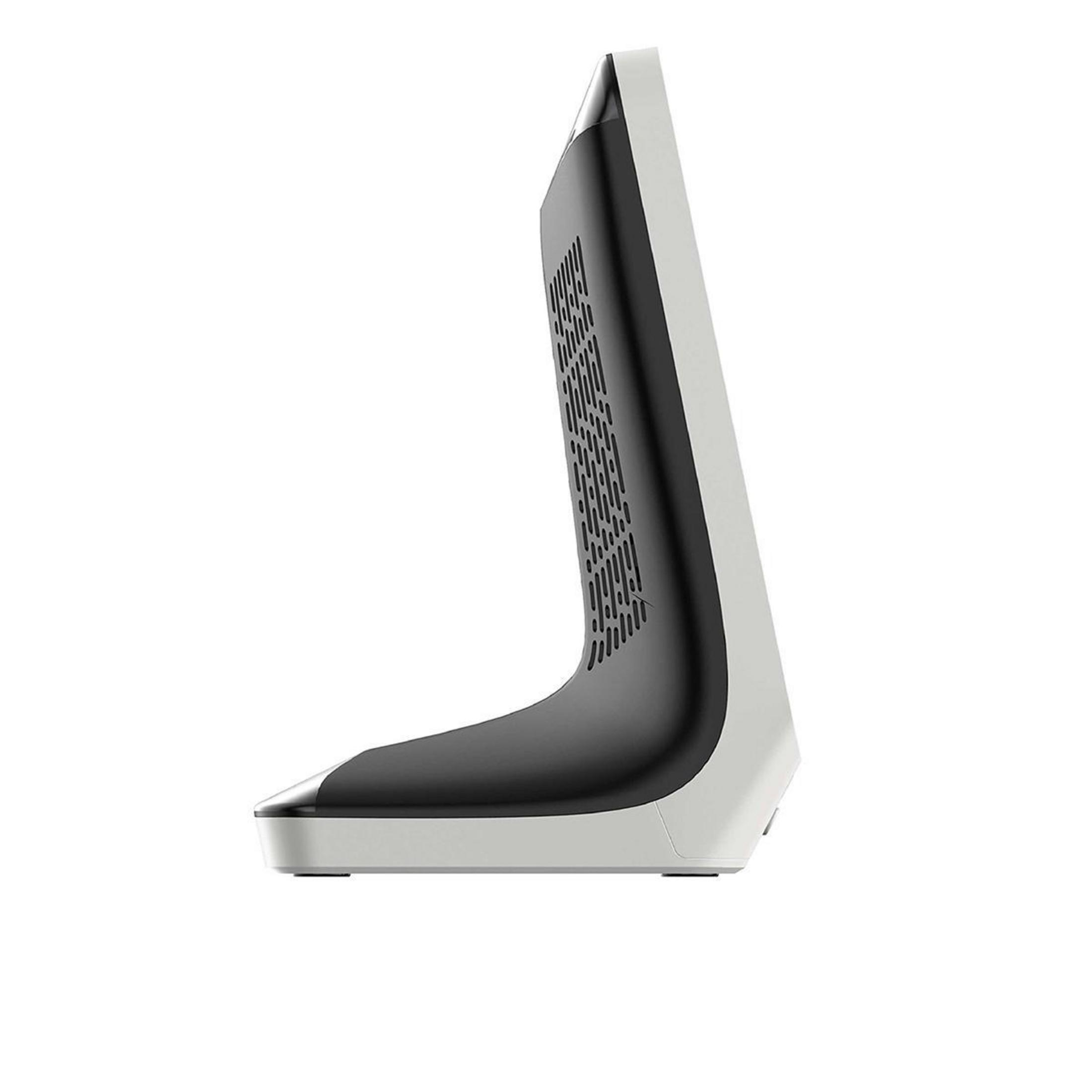 Seitenansicht eines CO2-Monitors mit weiß-schwarzem Design, der Belüftungslöcher auf der Rückseite zeigt.