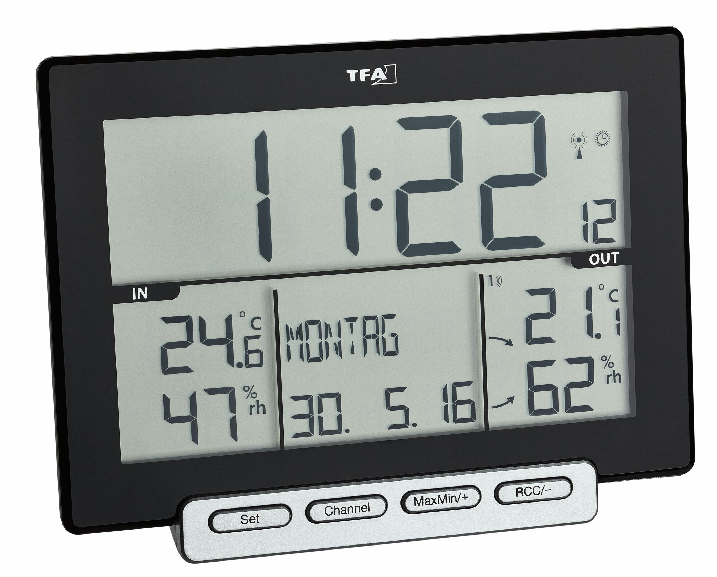 Schwarze digitale Wetterstation mit Anzeige von Zeit, Datum, Innen-/Außentemperaturen und Wetterinfos.