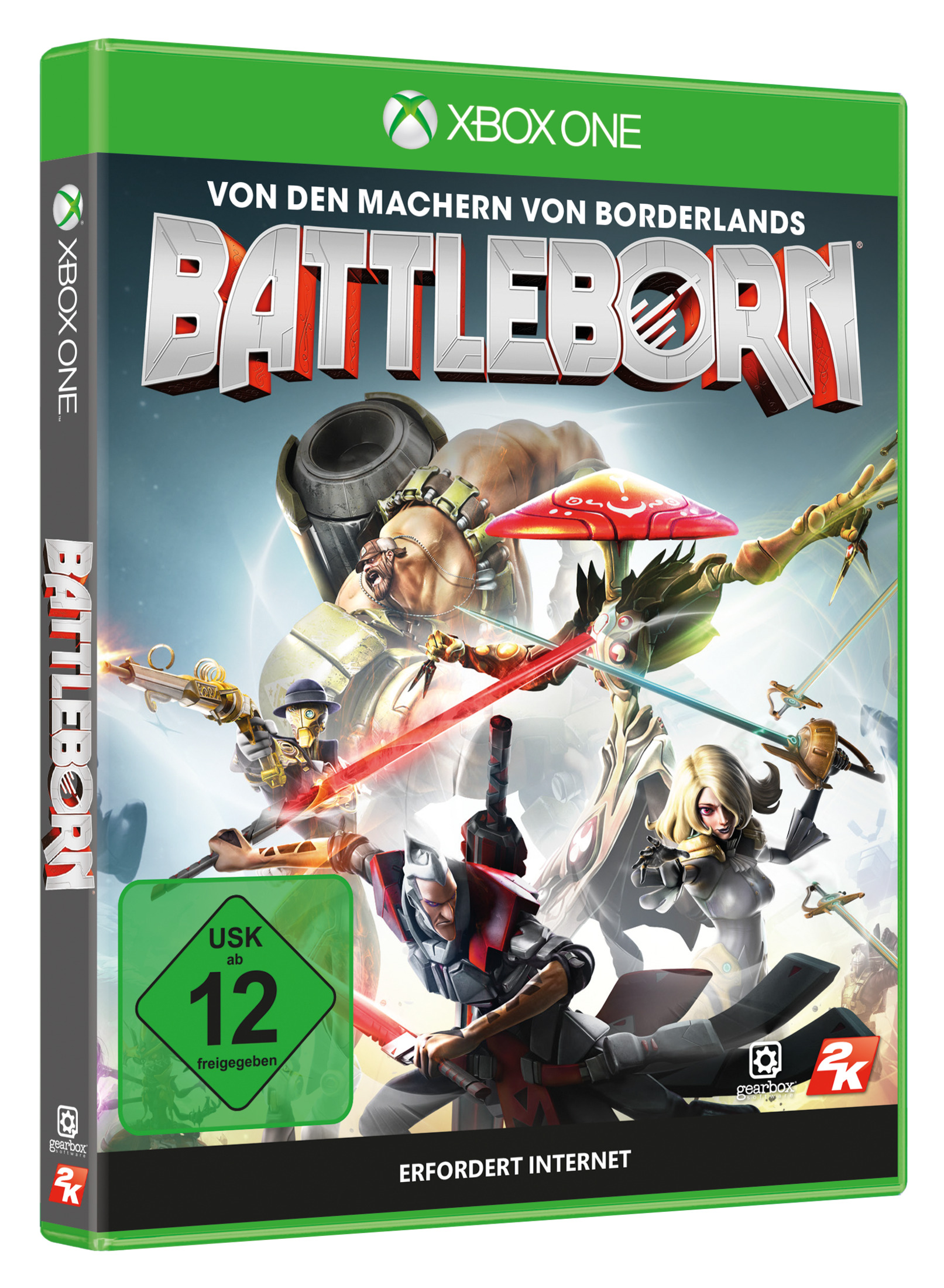 Xbox One-Spielbox für Battleborn. Das Cover zeigt Spielcharaktere in Aktion. Der Hintergrund ist eine Weltraumszene.