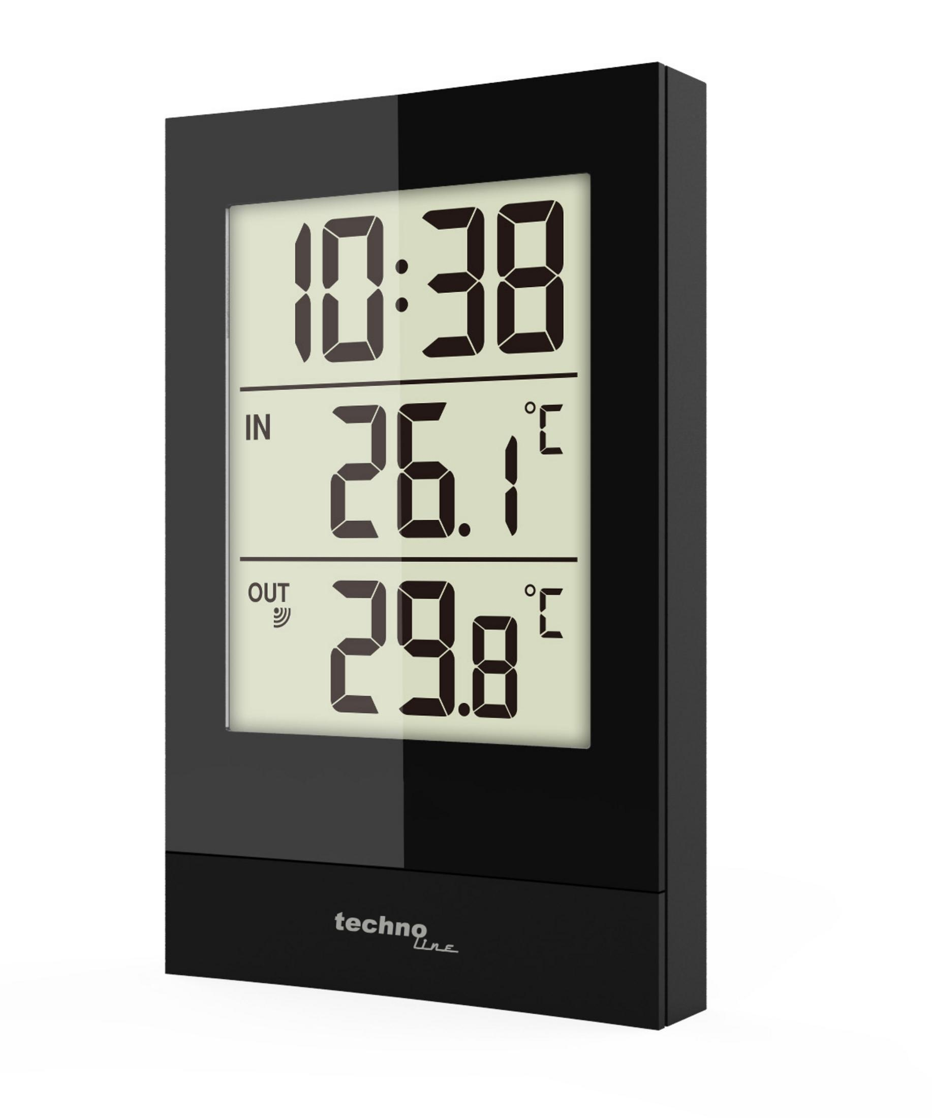Termometro digitale nero che mostra l'ora, temperature interne ed esterne su sfondo bianco.
