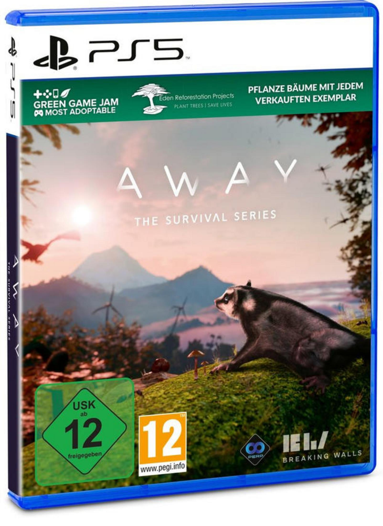 Die PS5-Spielhülle für AWAY: The Survival Series, mit einem Cover, das einen Waschbären und Natur zeigt.