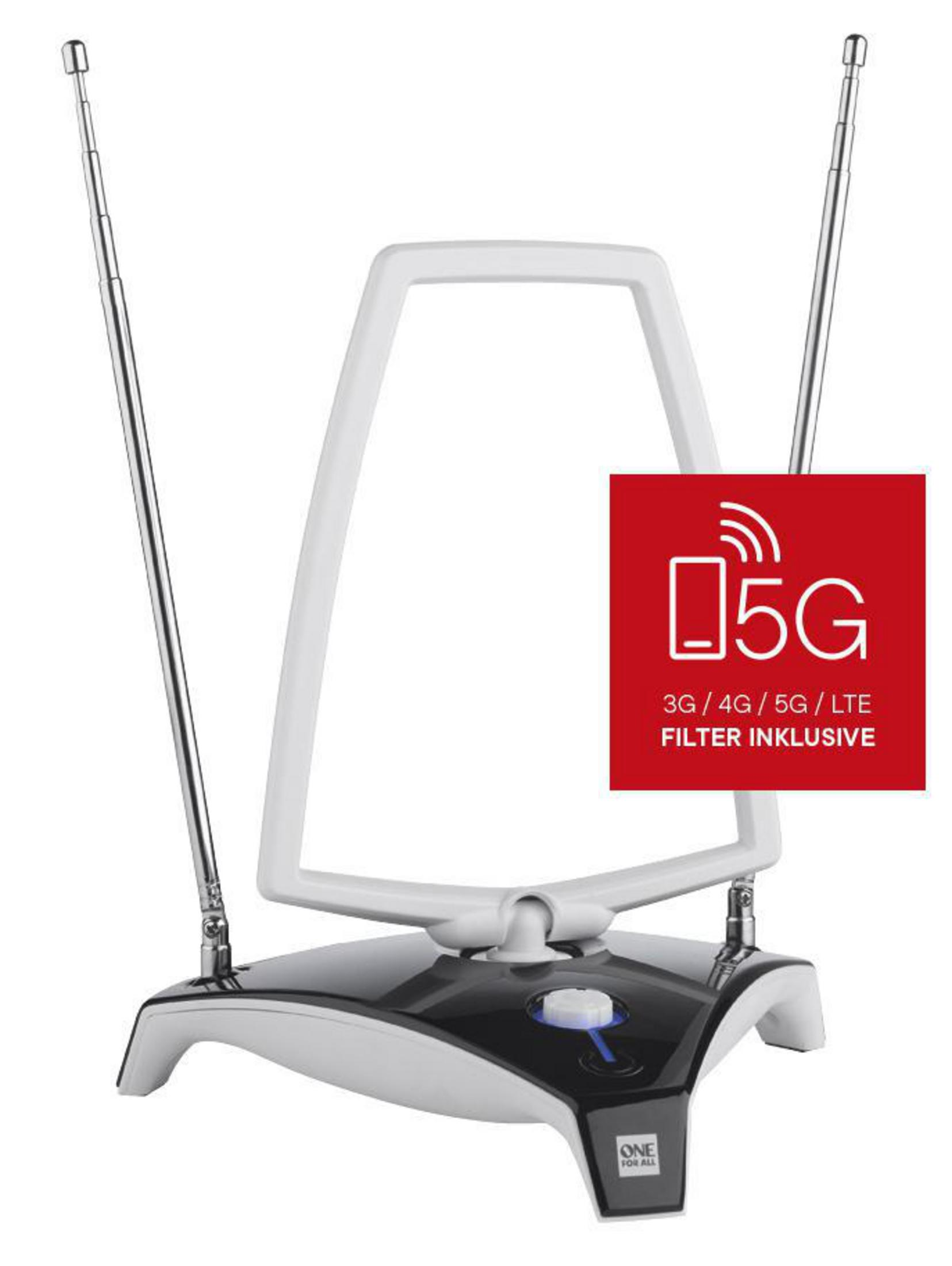 Innenantenne mit 5G-Logo und zwei verstellbaren Antennen. Rotes und weißes Farbschema.