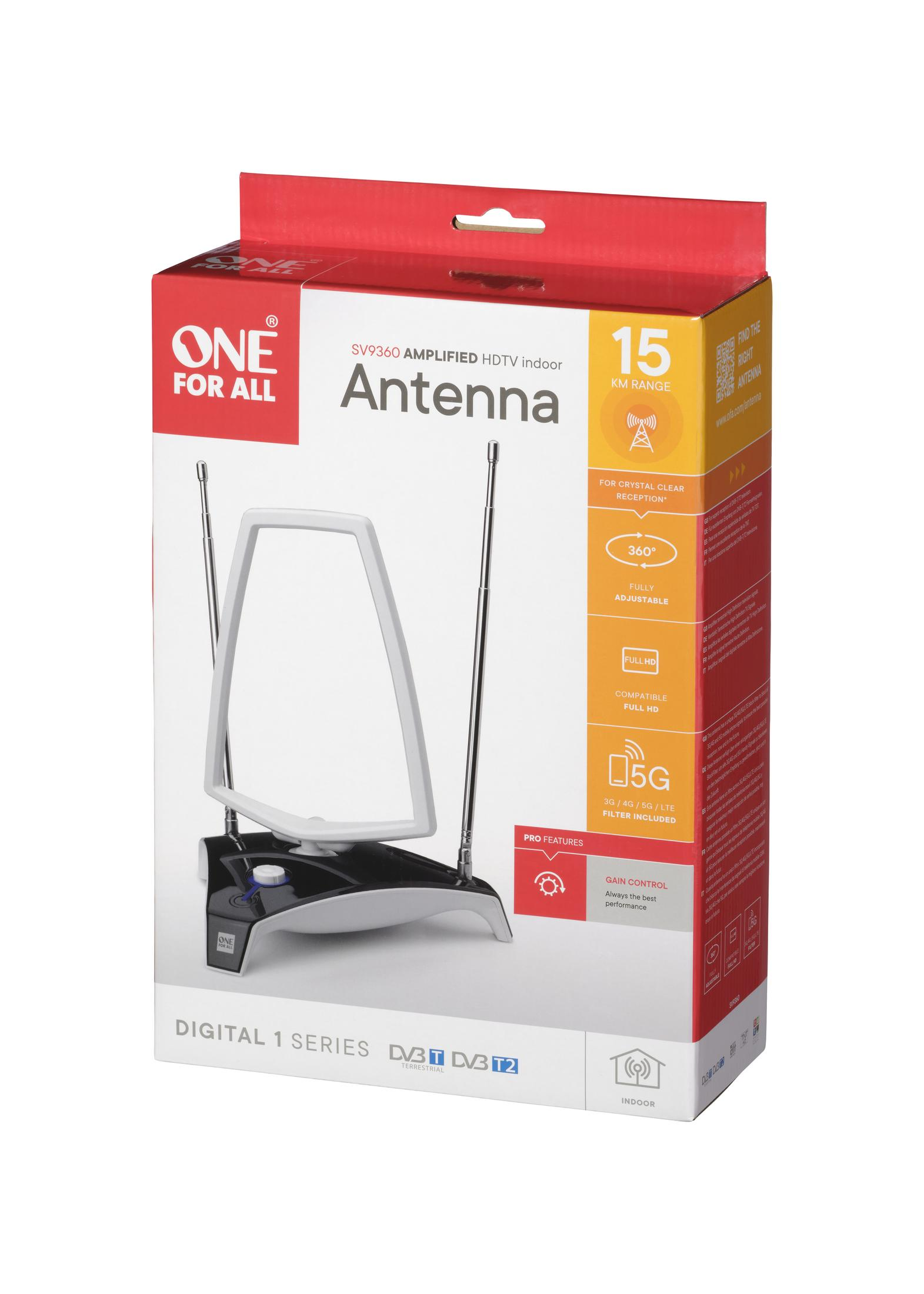 Antennenbox. Weiße Antenne mit zwei Metallstäben, auf weißem Hintergrund. Rote und gelbe Akzente. Text: 'ONE FOR ALL'.