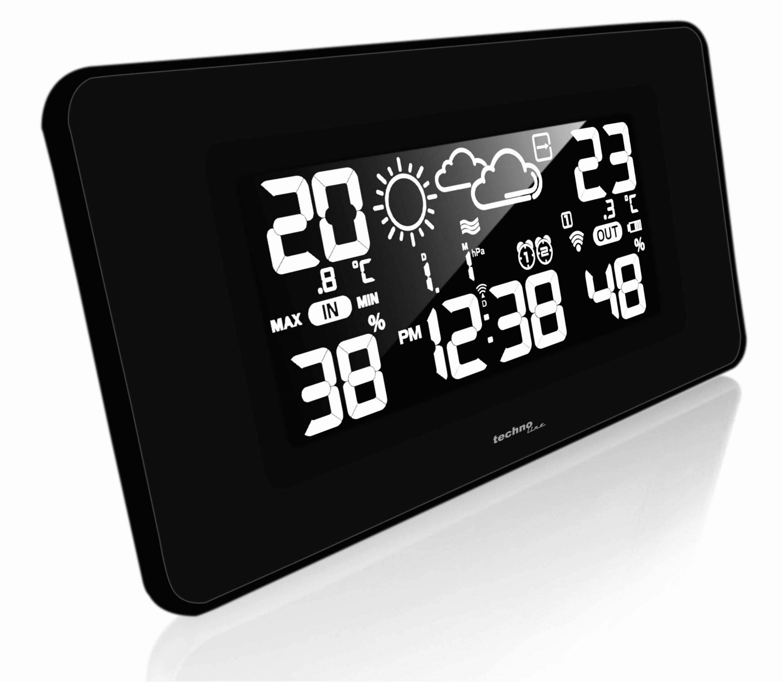 Schwarze digitale Wetterstation mit Uhrzeit, Temperatur und Wettersymbolen. Schwarzer Rahmen, weißes Display.