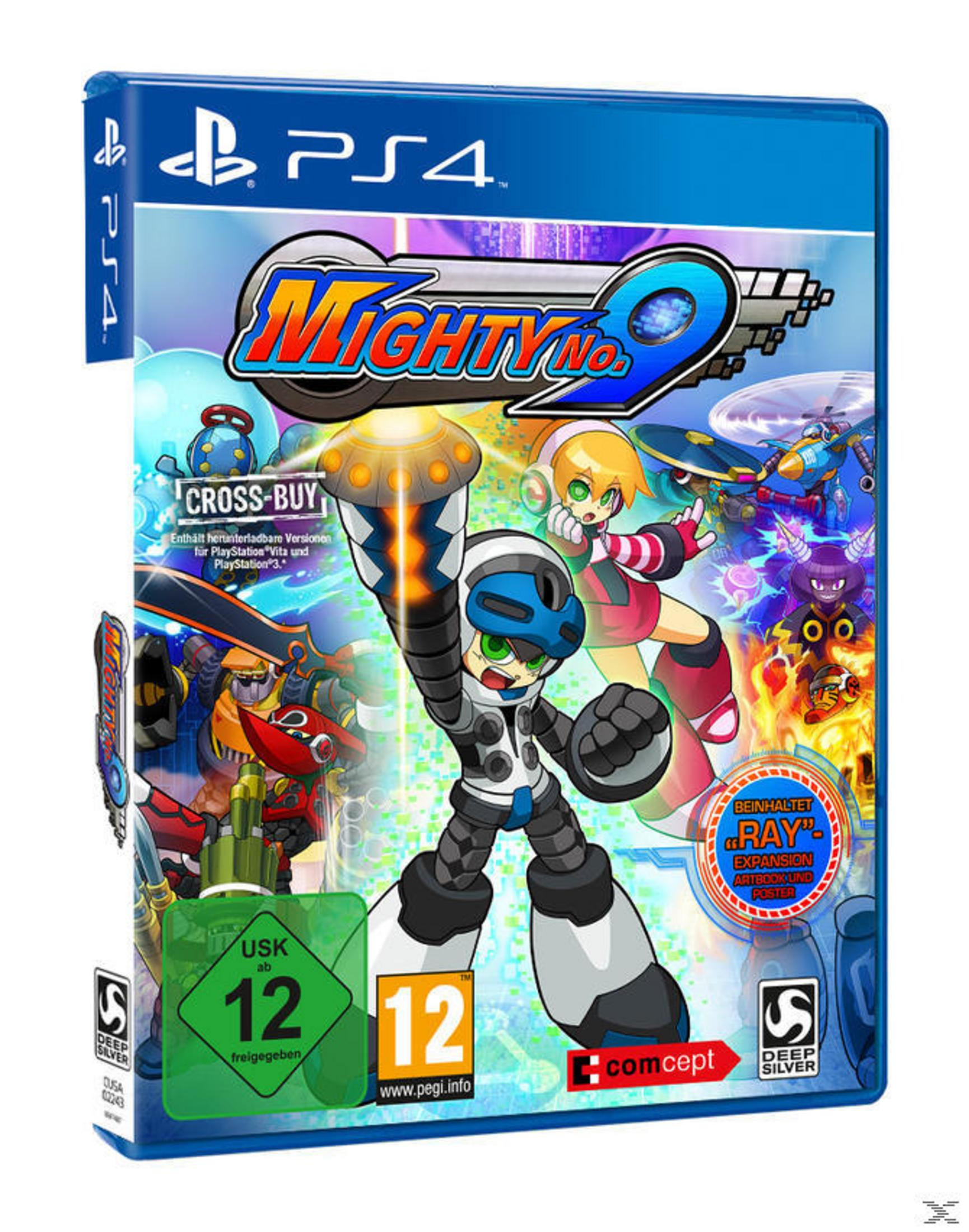 Mighty No. 9 Spielbox, Roboterfigur mit anderen Figuren, farbenfrohes Design.