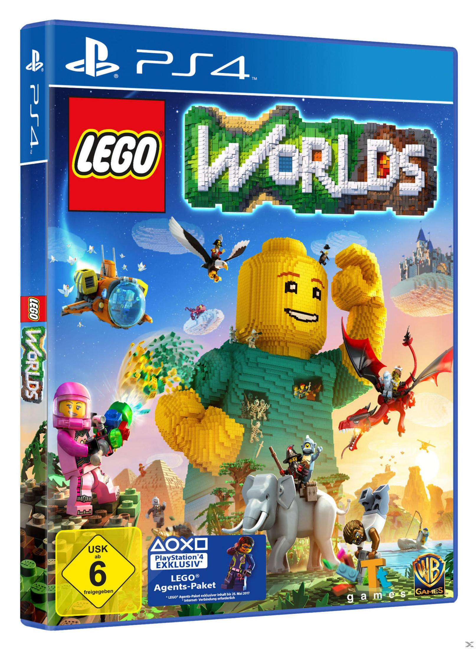 LEGO Worlds Spielbox. Lego-Figur auf dem Cover, verschiedene Lego-Szenen. Für PS4.