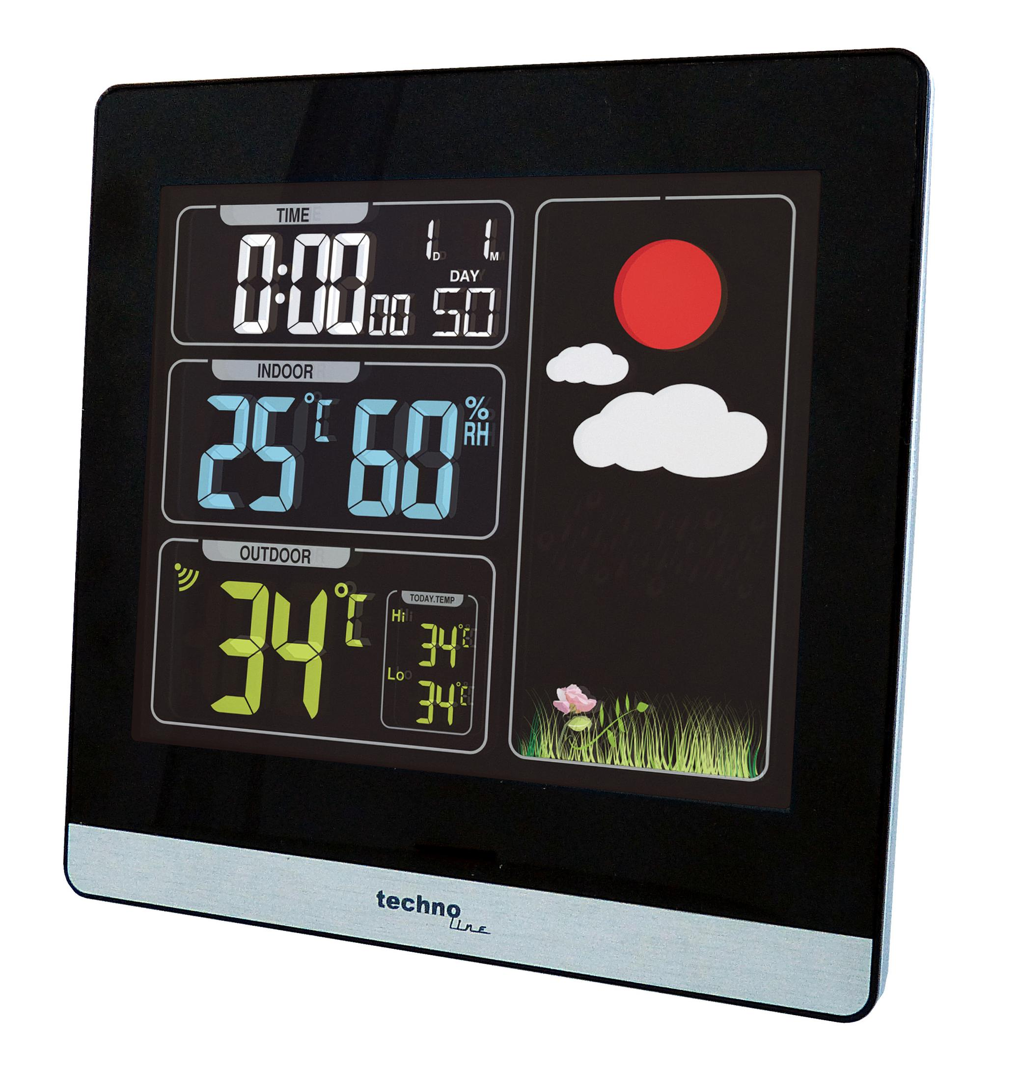 Stacja pogodowa z odczytami wewnątrz/na zewnątrz i ikoną czerwonego słońca. Czarna ramka ze srebrnym dołem.