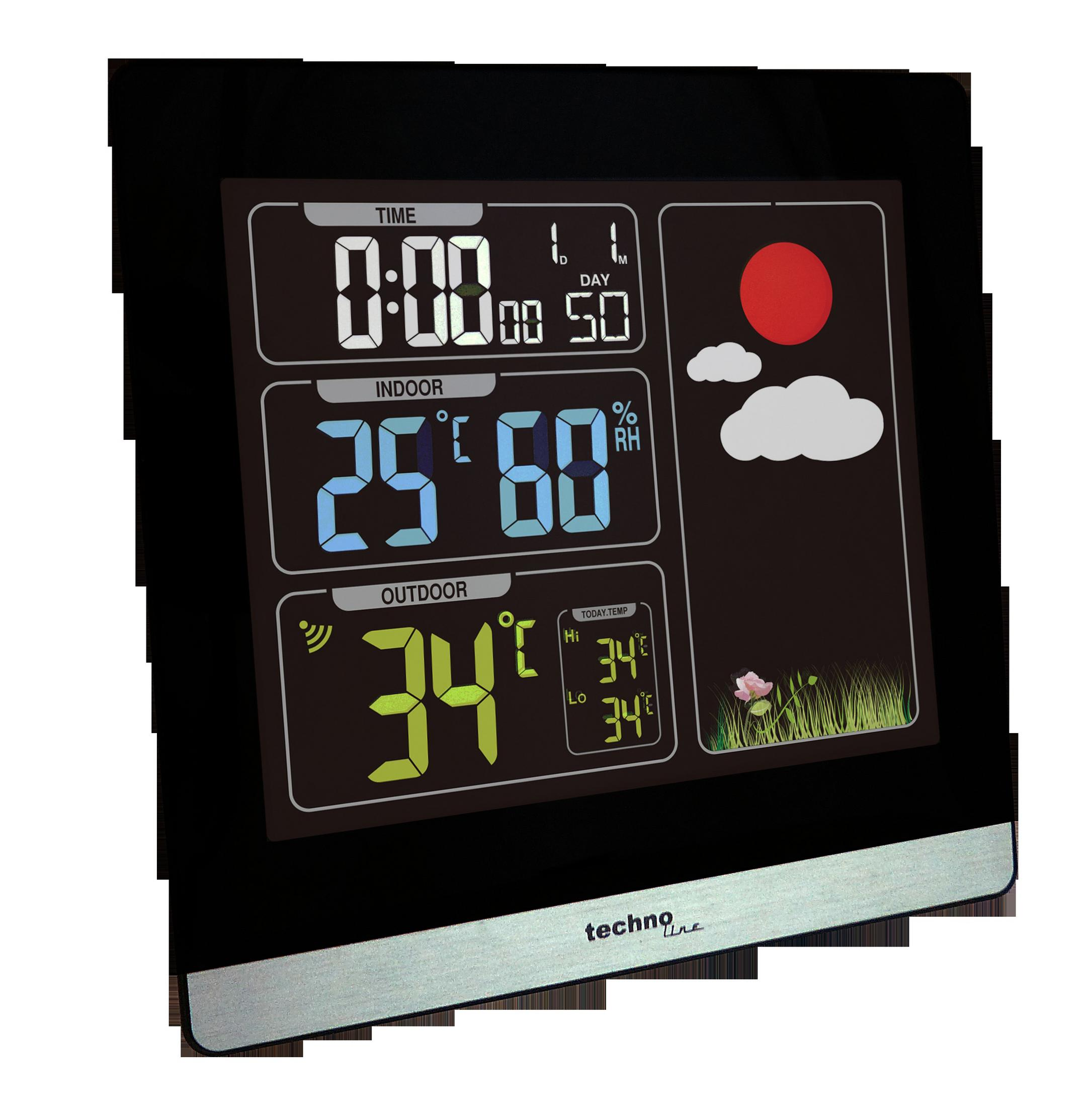 Czarna stacja pogodowa pokazująca czas, temperaturę wewnątrz i na zewnątrz oraz prognozę pogody.