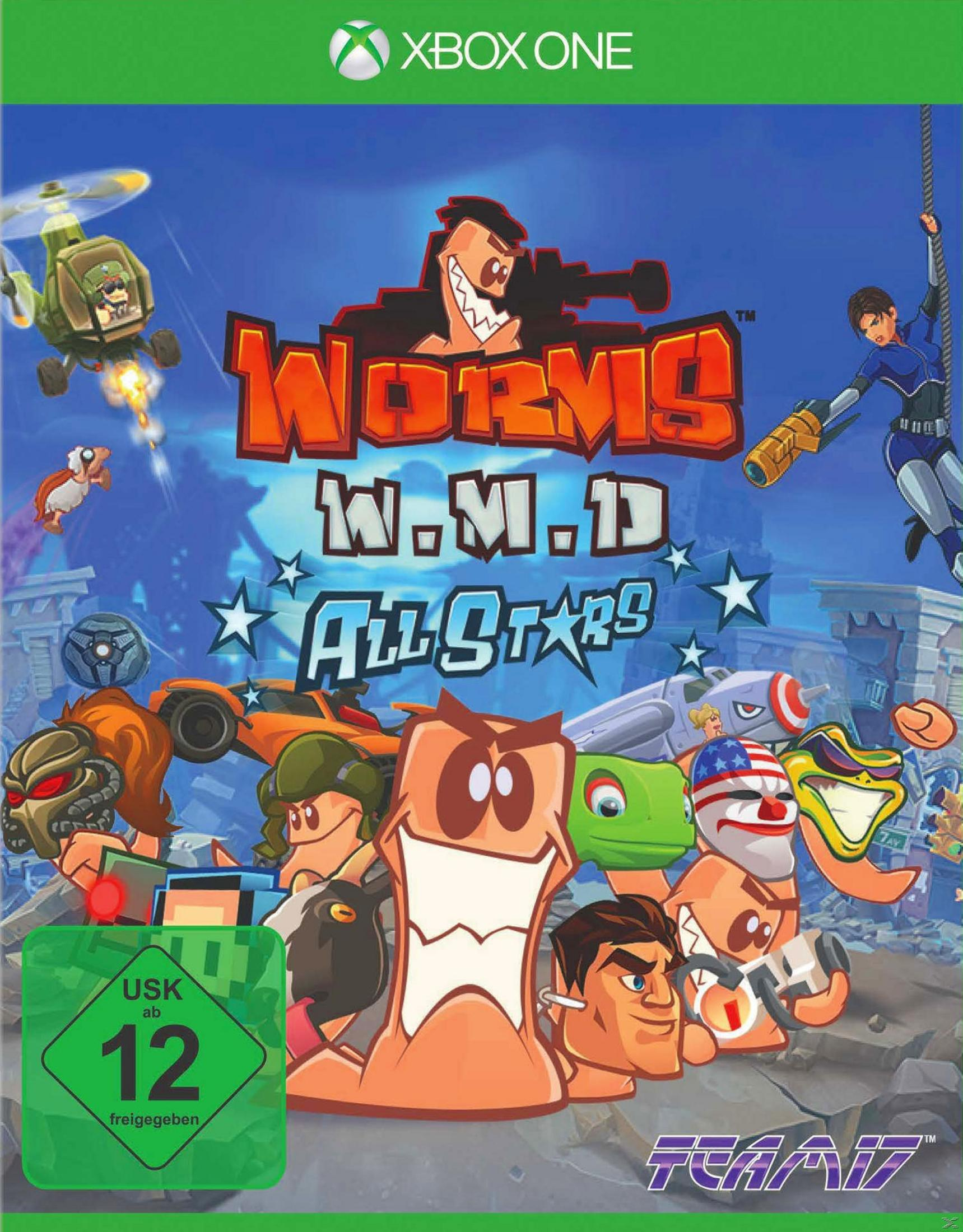 Worms W.M.D All-Stars Spielcover mit Würmern und Actionfiguren auf blauem Hintergrund.