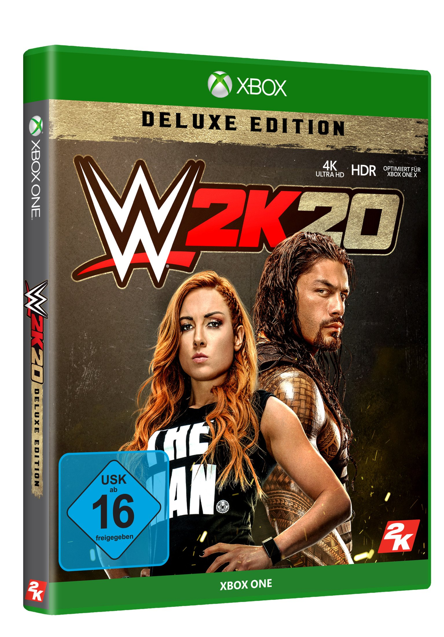 WWE 2K20-Spielbox. Mit Becky Lynch und Roman Reigns. Deluxe Edition. Xbox One.