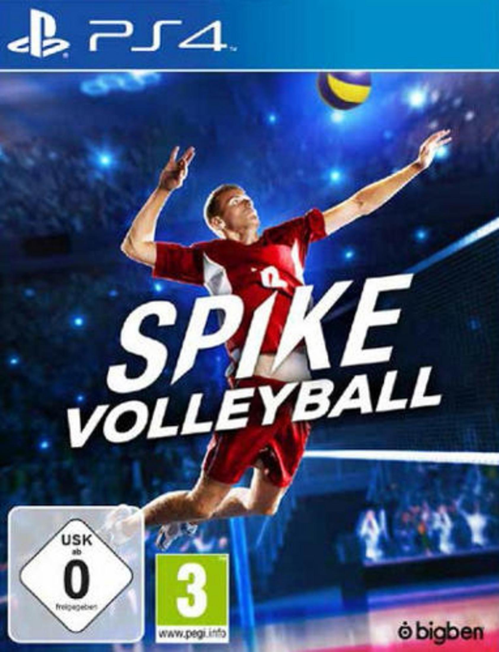 Copertina del gioco: Spike Volleyball. Un giocatore di pallavolo maschile che salta per schiacciare la palla in uno stadio.