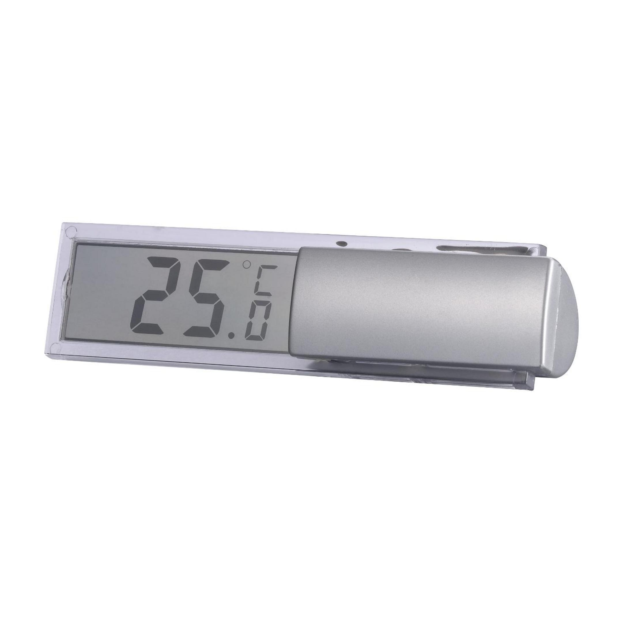Digitales Thermometer mit 25,6 Grad Anzeige. Silberner Rahmen und klares Display.