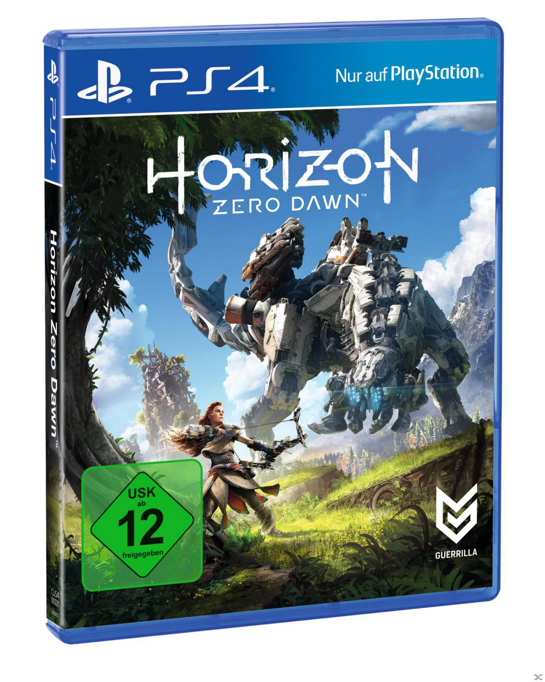 PS4-Spielbox für Horizon Zero Dawn, mit einer Frau mit Bogen und einer mechanischen Kreatur.