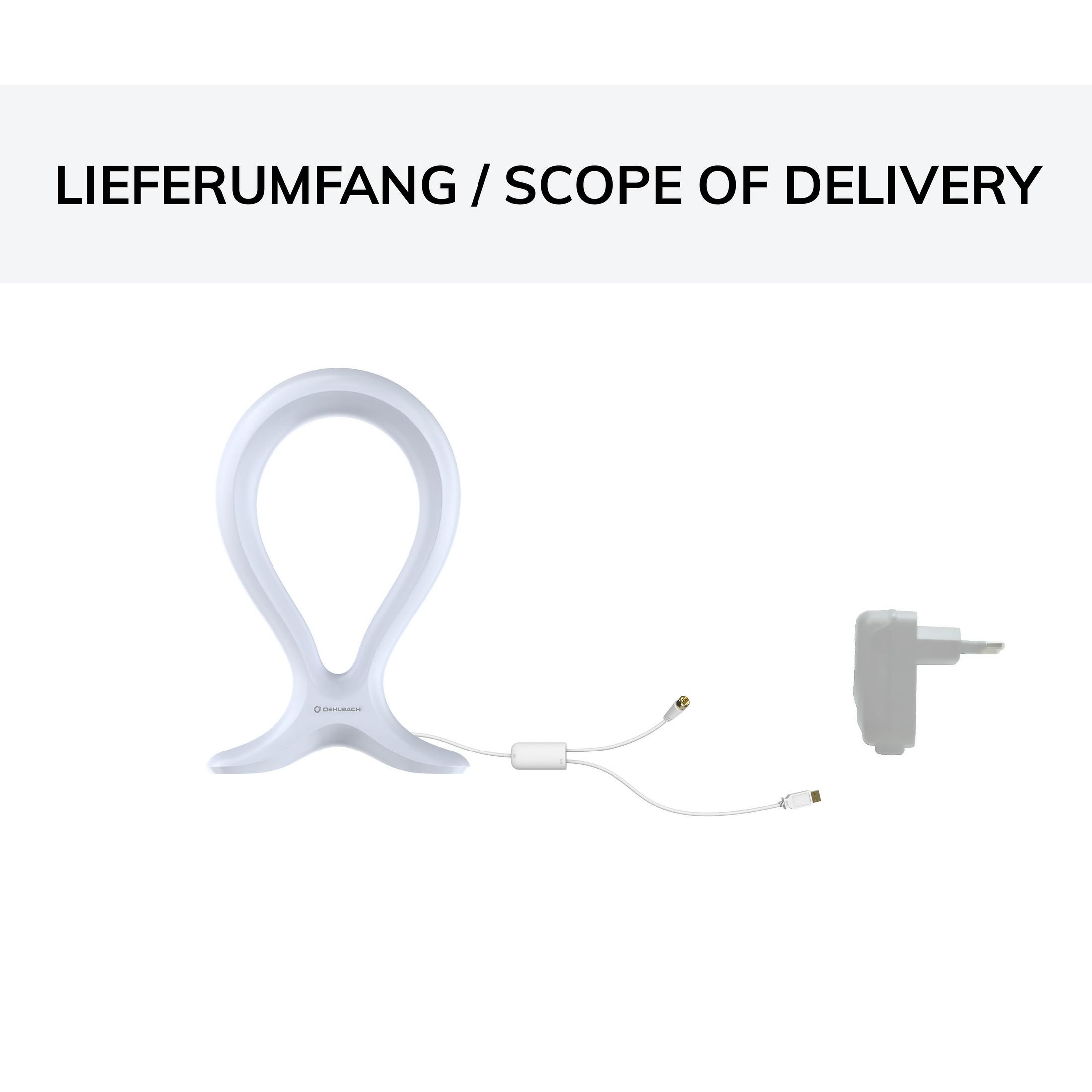 Weißes Ringlicht mit Kabeln und Netzteil. Text: Lieferumfang.