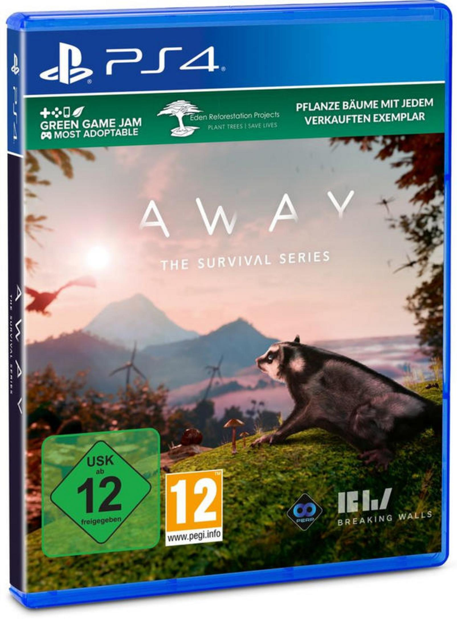 Spielbox mit Waschbär auf Gras. Berge und Windräder im Hintergrund. 'AWAY: The Survival Series' ist der Titel.