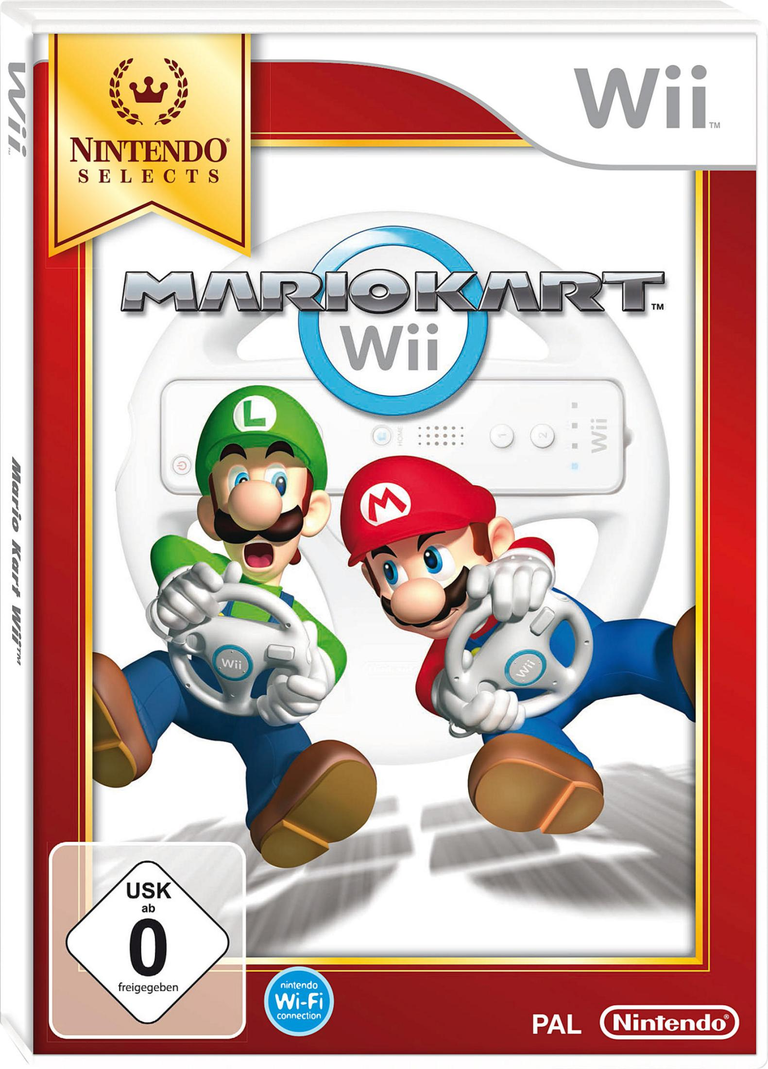 Mario Kart Wii-Spielcover. Mario und Luigi fahren Kart, mit dem Spieletitel auf einer Wii-Hülle.