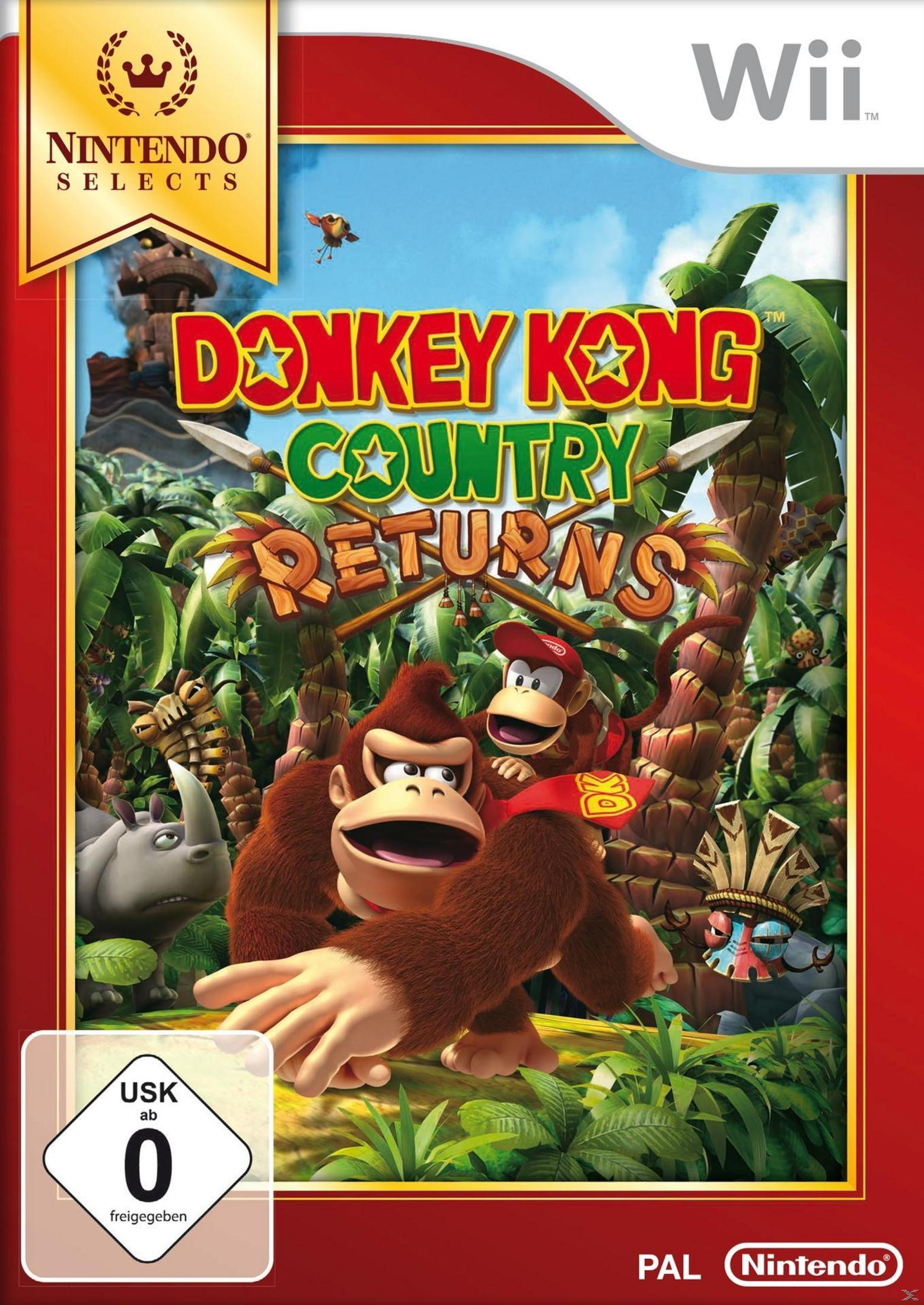 Spielcover für Donkey Kong Country Returns. Donkey Kong und Diddy Kong in einer Dschungelszene. Wii-Logo oben rechts.