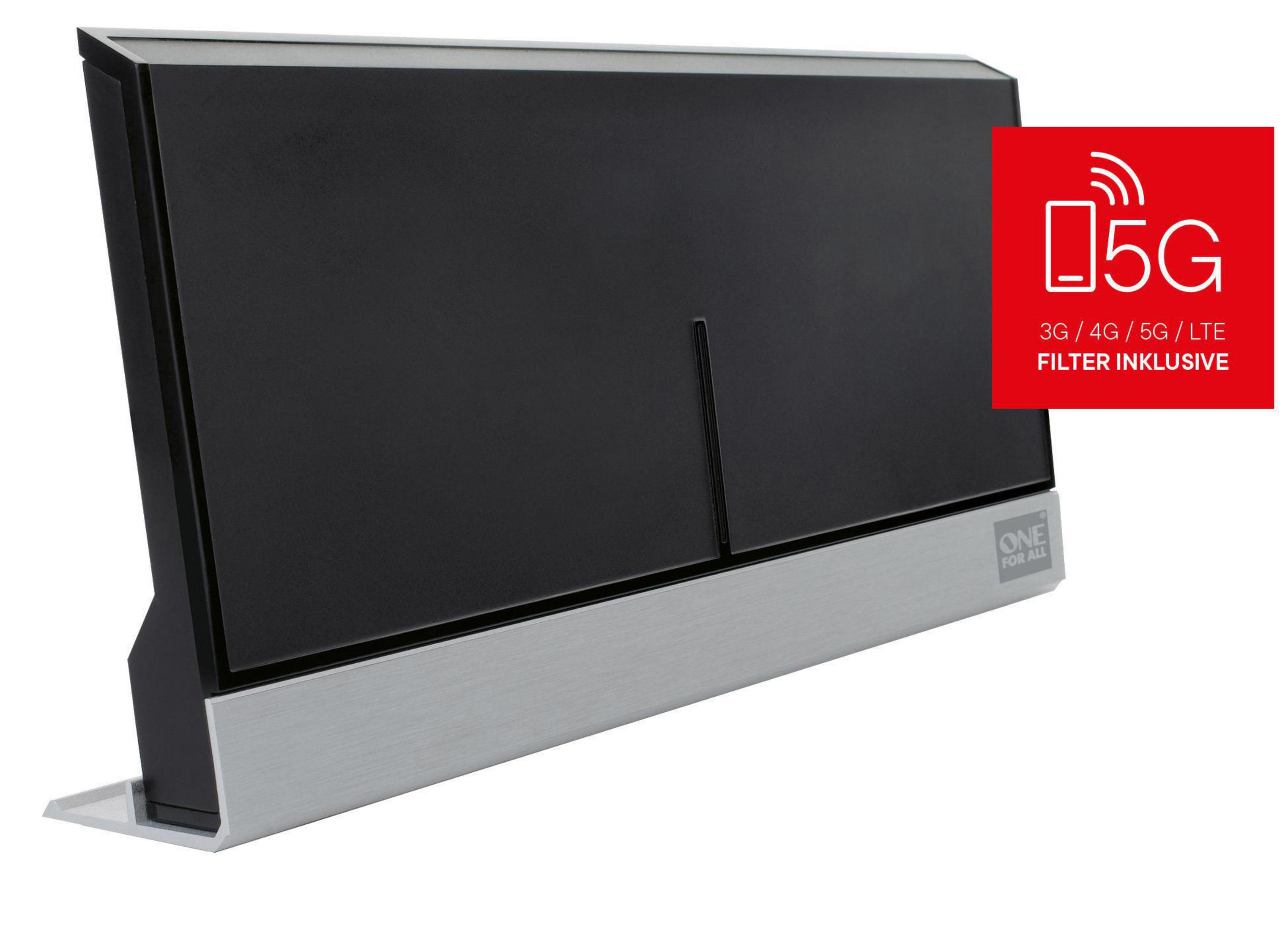 Czarno-srebrna antena. Czerwone logo 5G w rogu.