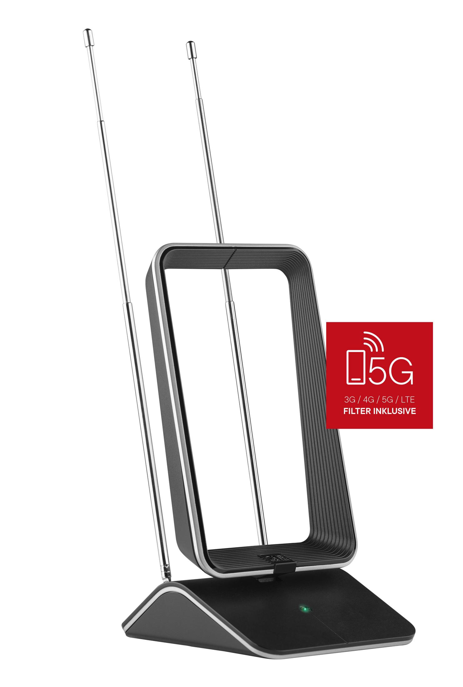 Antena wewnętrzna 5G z dwoma prętami i czarną podstawą.