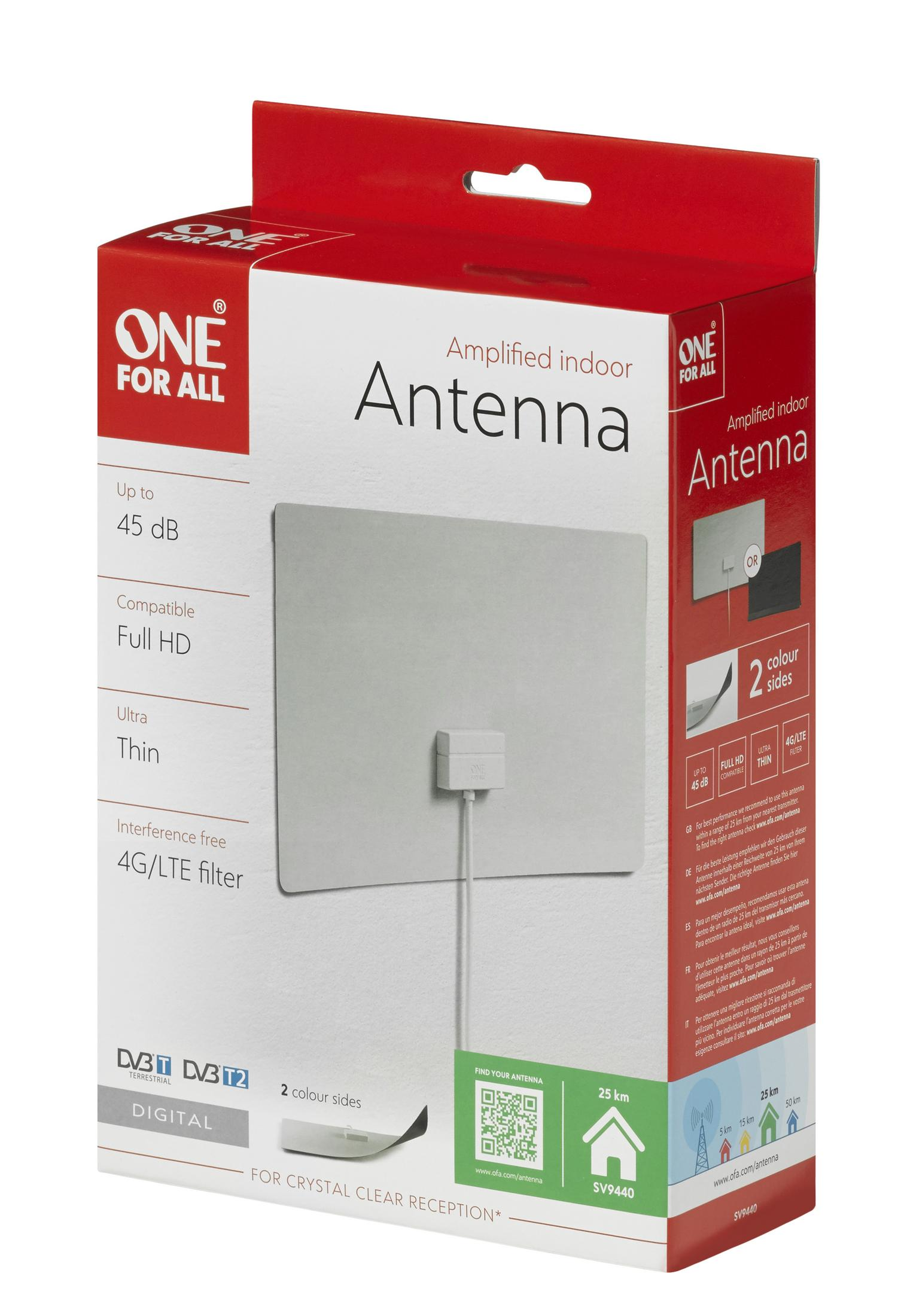 Verstärkte Indoor-Antennenbox. Weiße Antenne vorne, rote Box mit Produktinformationen und Logos.