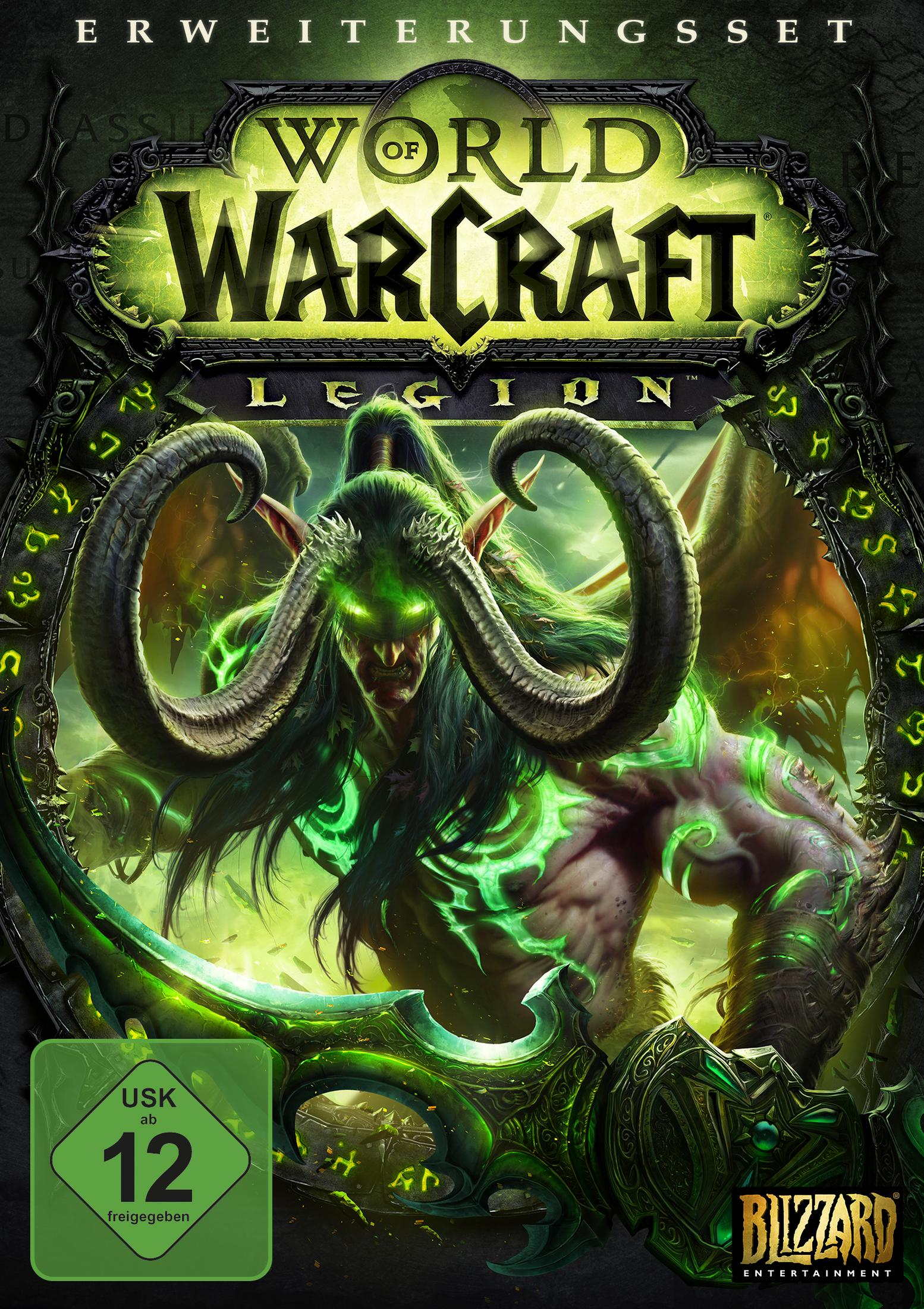 Spielcover: World of Warcraft Legion. Ein grüner Dämon mit Hörnern steht im Mittelpunkt, mit grünem Hintergrund.